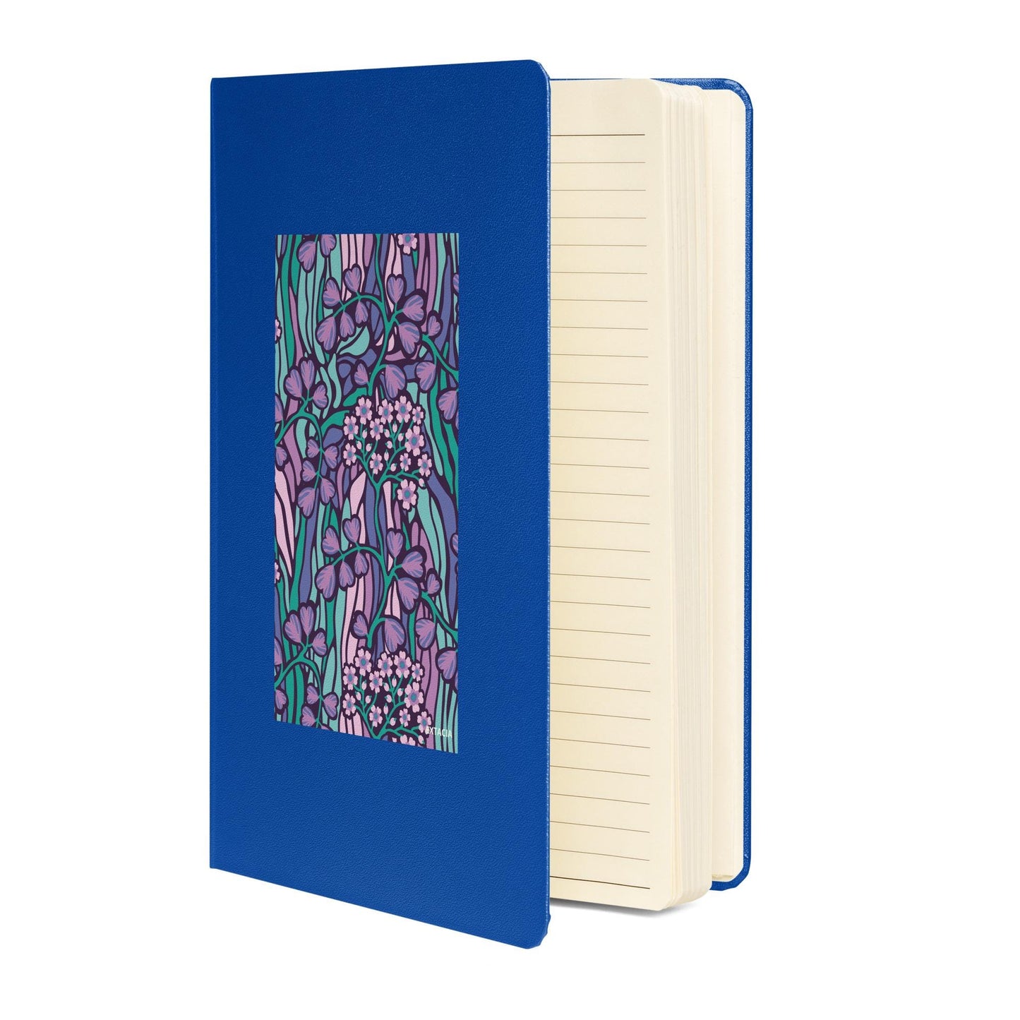 Carnet  – vue de 3/4, tranche et reliure durable - bleu - A5 – jardin coloré