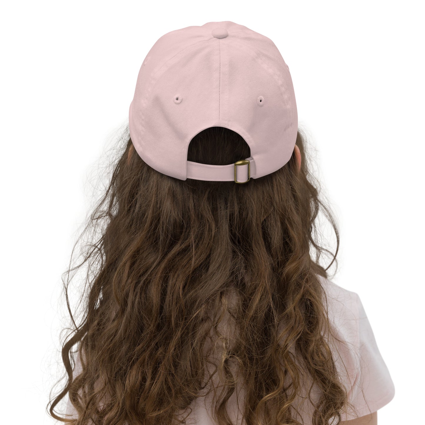 Casquette bébé & fille – vue de dos, ajustement/fermeture  - rose pale, motif brodé gymnaste, danseuse 