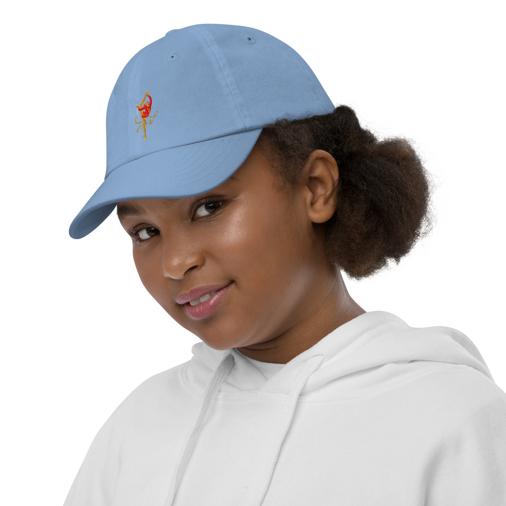 Casquette bébé & fille – vue de profil, maintien confortable - baby bleu motif brodé gymnaste, danseuse 