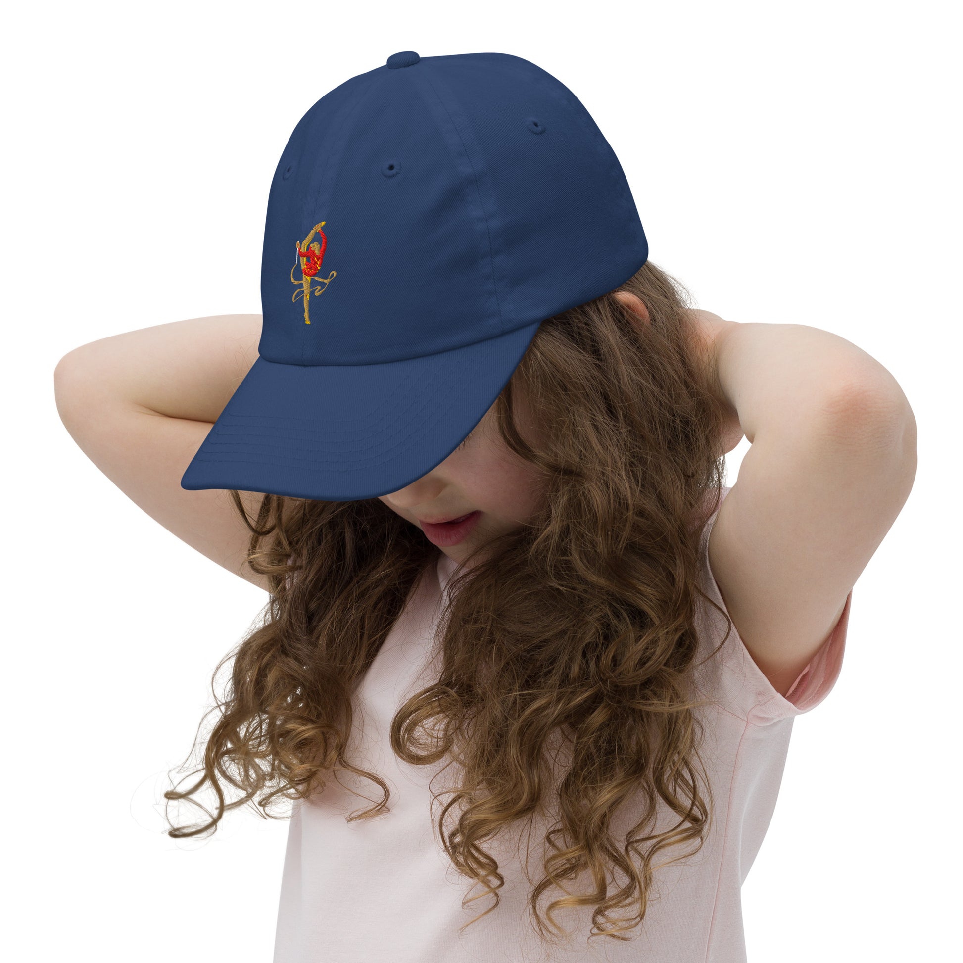 Casquette bébé & fille – vue de profil, maintien confortable - bleu royal motif brodé gymnaste, danseuse 