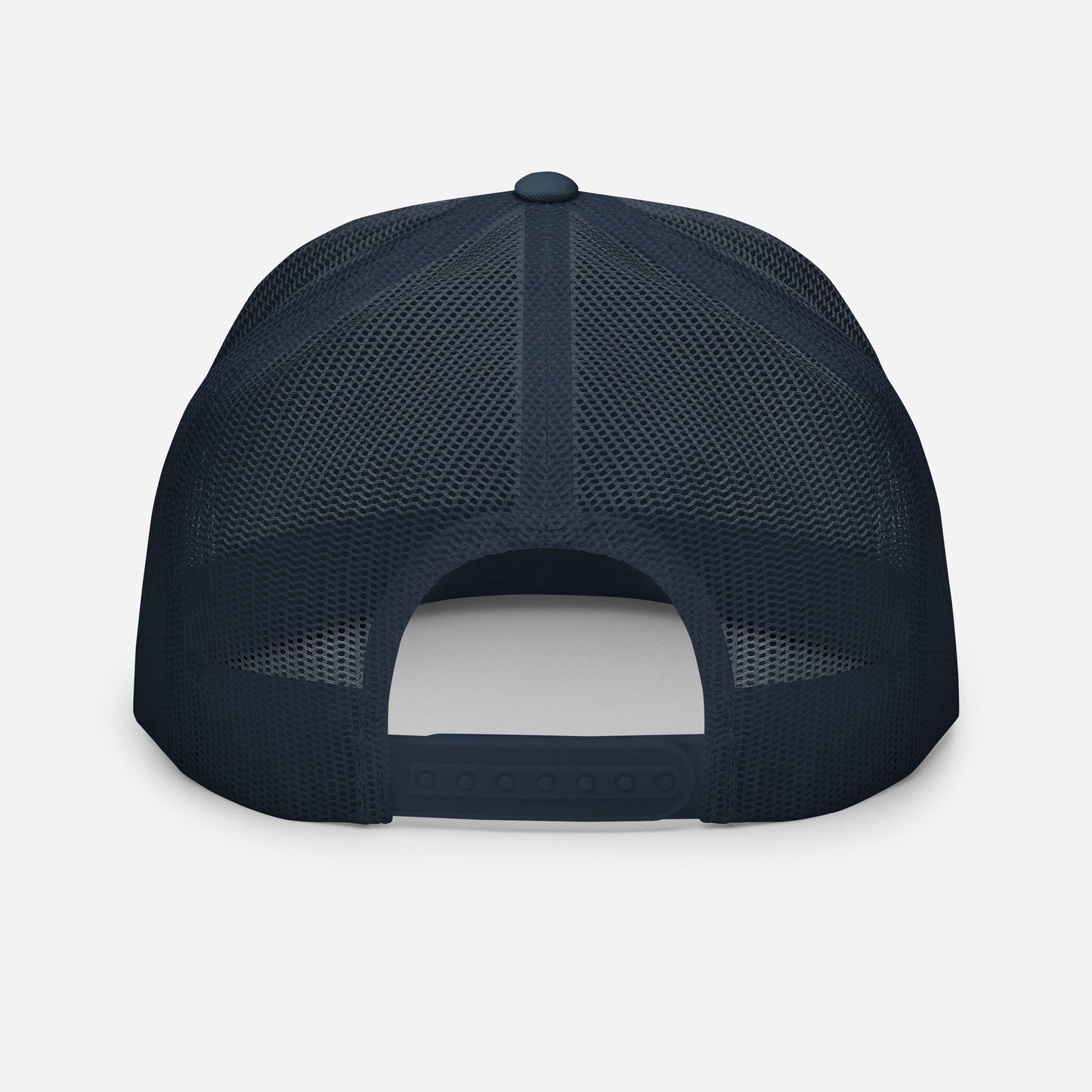 Casquette trucker  – vue de dos, réglage snapback - bleu marine blanc bleur marine motif brode coeur deja pris