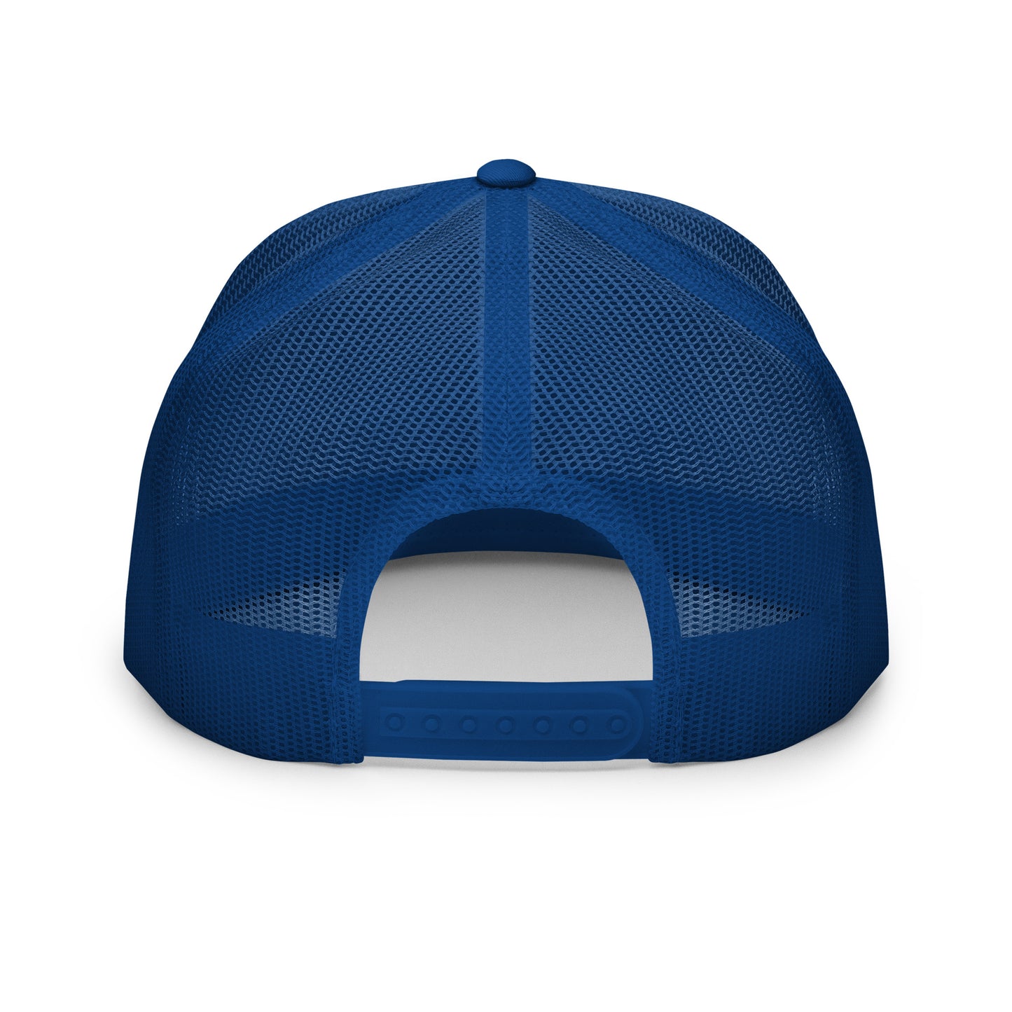 Casquette trucker  – vue de dos, réglage snapback - bleu royal blanc bleu royal motif brode coeur deja pris