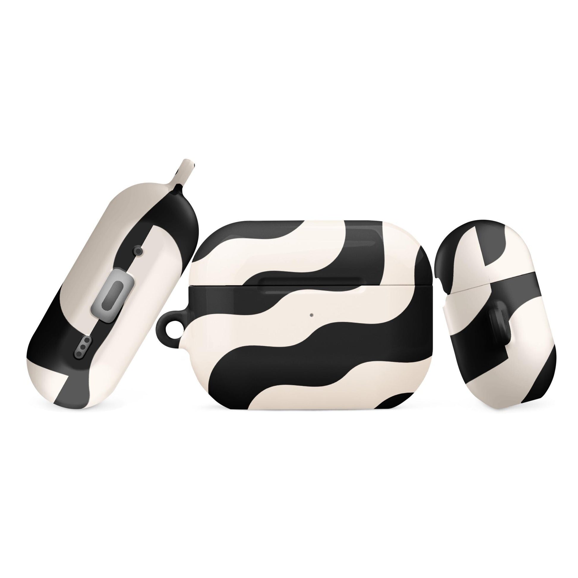 Coque AirPods résistante anti-choc & étanche – beige et noir à ondulations graphique minimaliste - Zoom sur port de recharge et connexion sans fil – coque AirPods anti-choc ExtaciaFrance