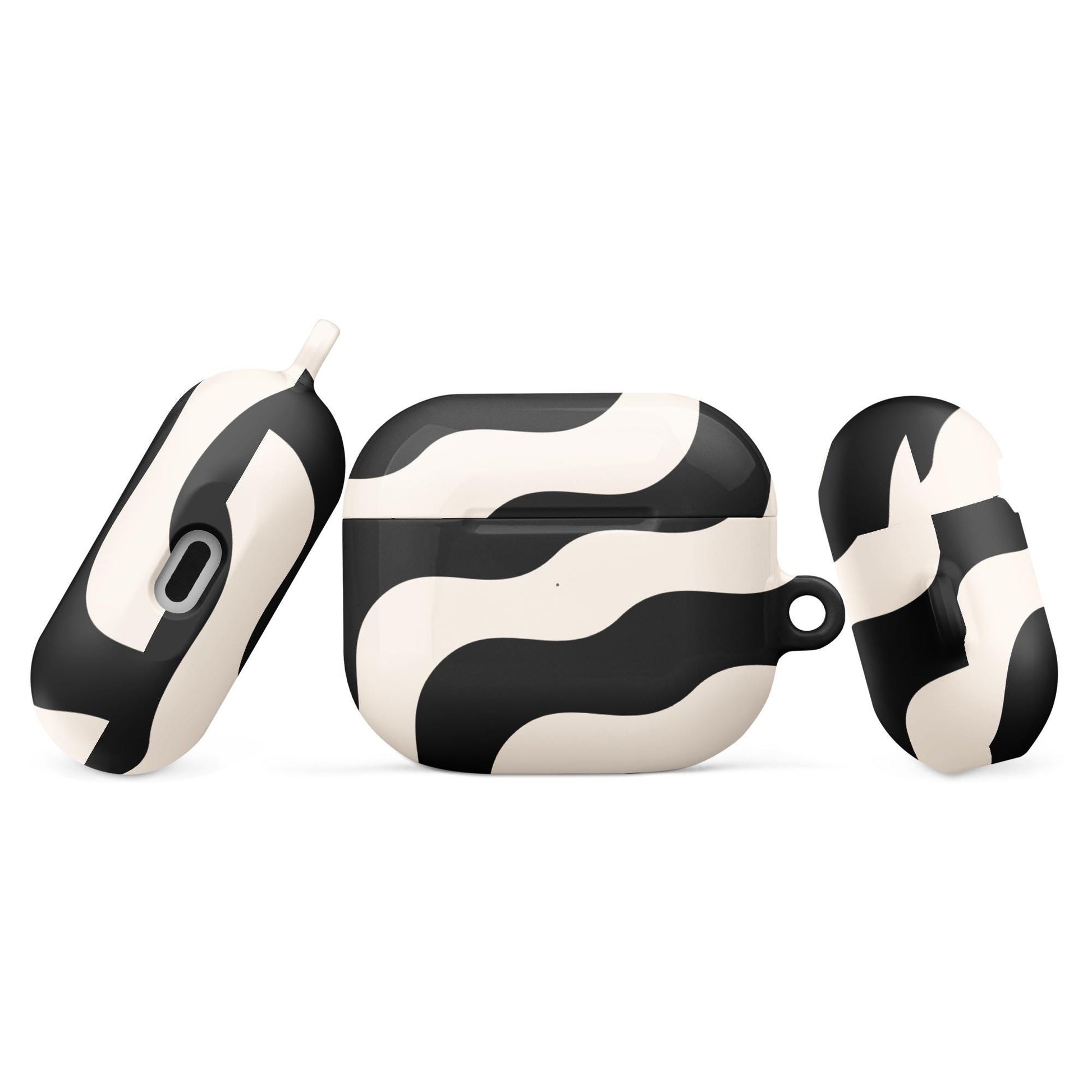 Coque AirPods résistante anti-choc & étanche – beige et noir à ondulations graphique minimaliste - profil, finition rigide et précision des découpes ExtaciaFrance