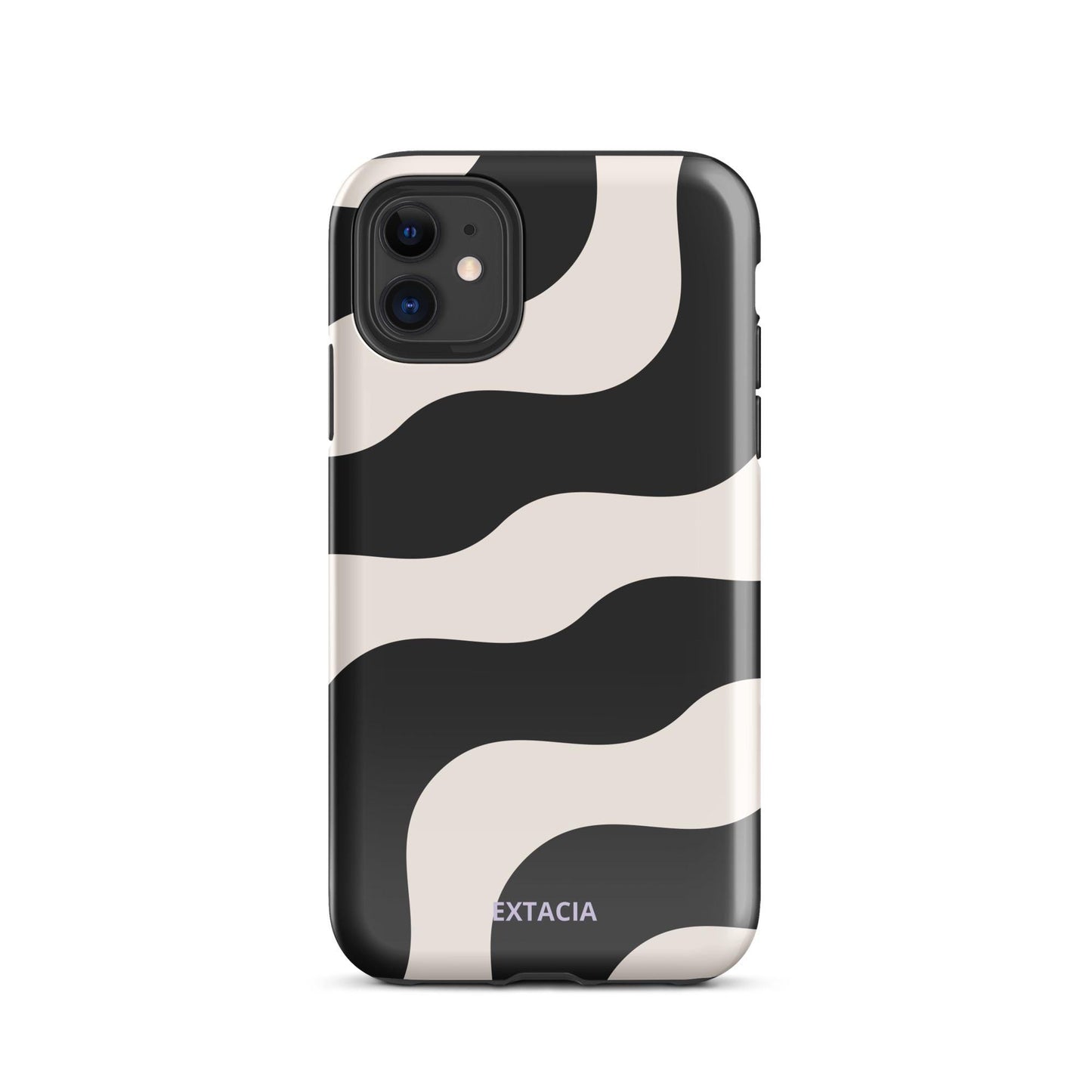 Coque iPhone rigide double-couche anti-choc – beige et noir graphique minimaliste - Détail angles renforcés coque iPhone anti-choc ExtaciaFrance