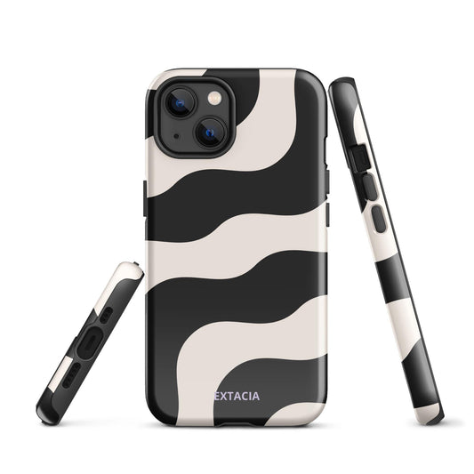 Coque iPhone rigide double-couche anti-choc – beige et noir graphique minimaliste - vue de face, design élégant