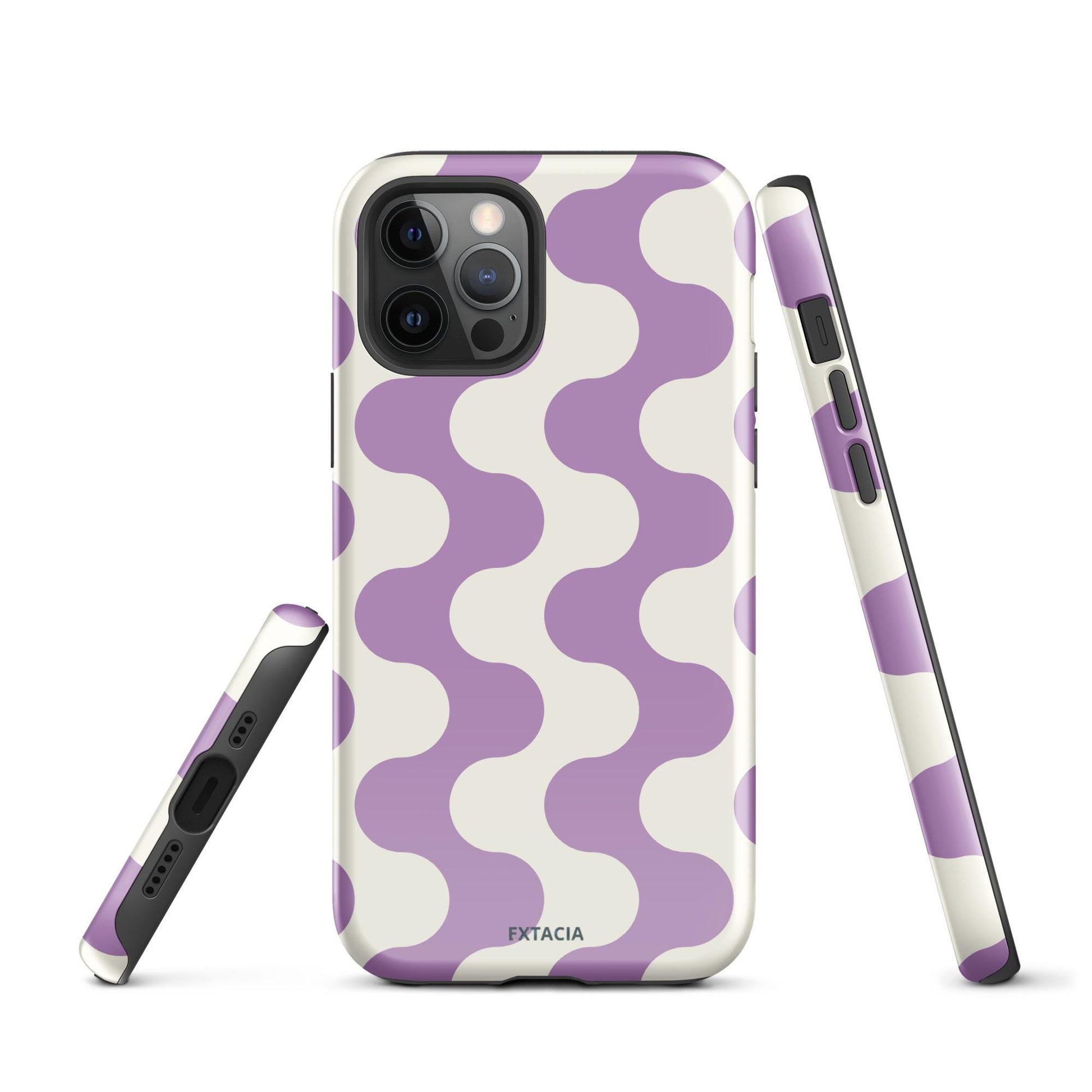 Coque iPhone rigide double-couche anti-choc – blanc et violet à ondulations graphique minimaliste - Détail angles renforcés coque iPhone anti-choc ExtaciaFrance