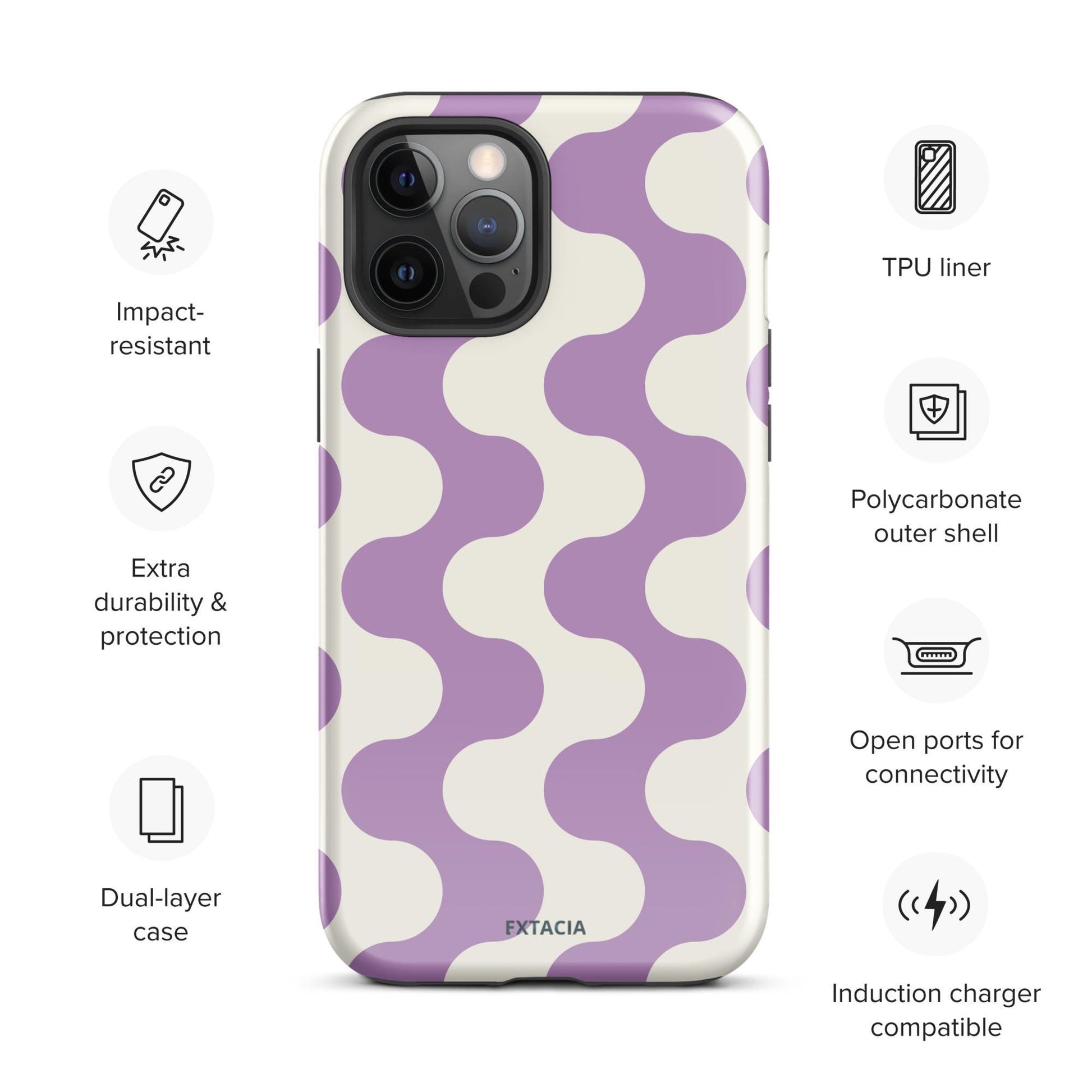 Coque iPhone rigide double-couche anti-choc – blanc et violet à ondulations graphique minimaliste - dos, finition durable résistante aux rayures