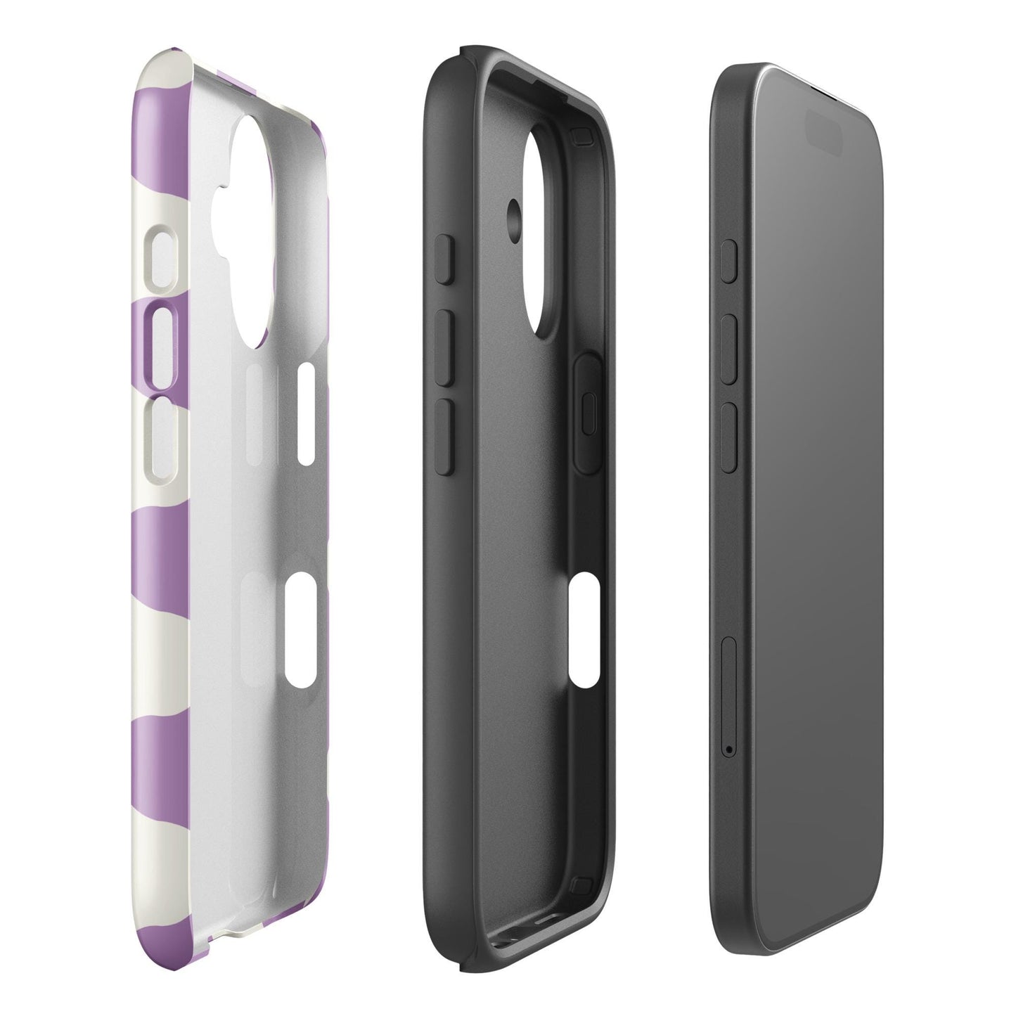Coque iPhone rigide double-couche anti-choc – blanc et violet à ondulations graphique minimaliste - profil, découpe boutons précise et protection renforcée