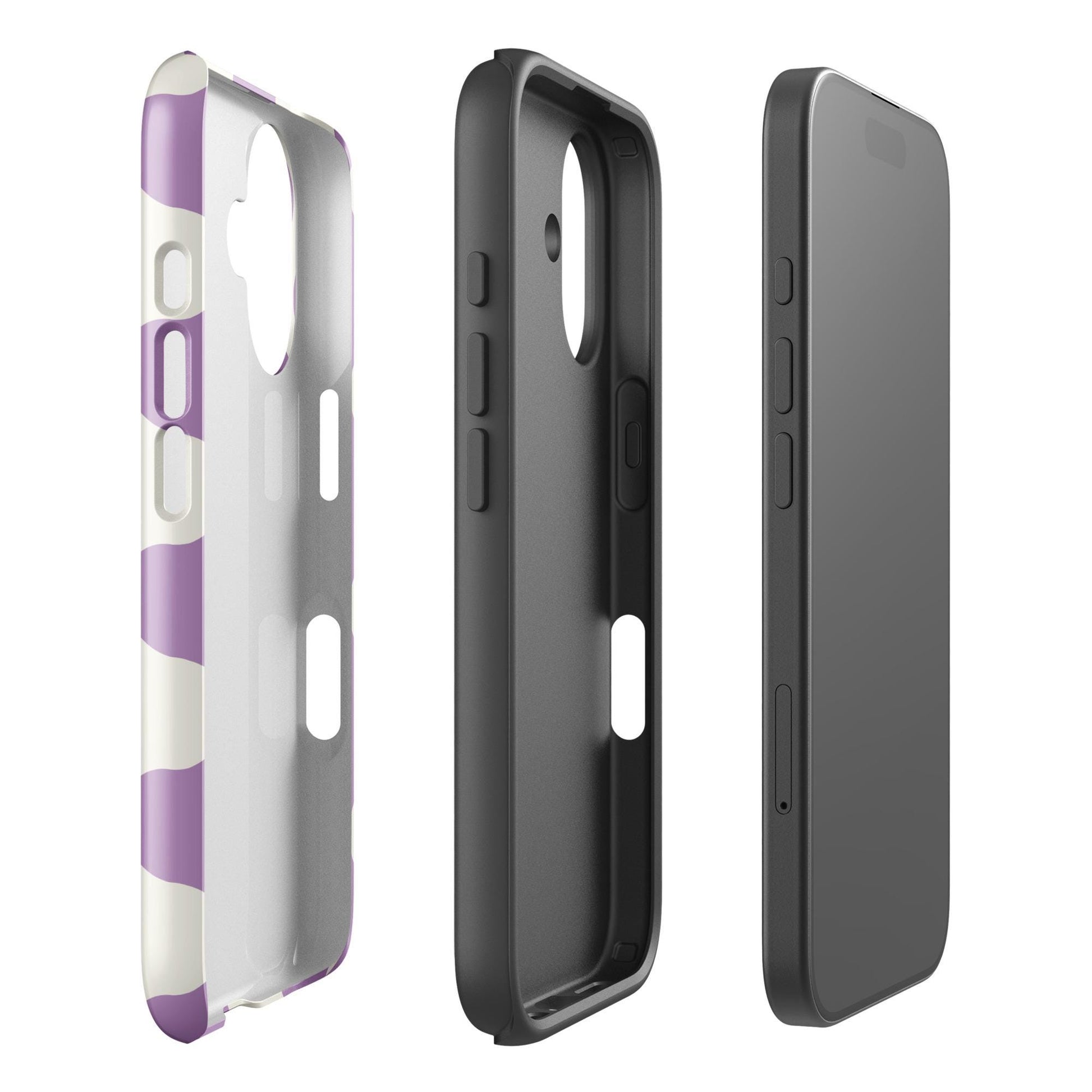 Coque iPhone rigide double-couche anti-choc – blanc et violet à ondulations graphique minimaliste - profil, découpe boutons précise et protection renforcée