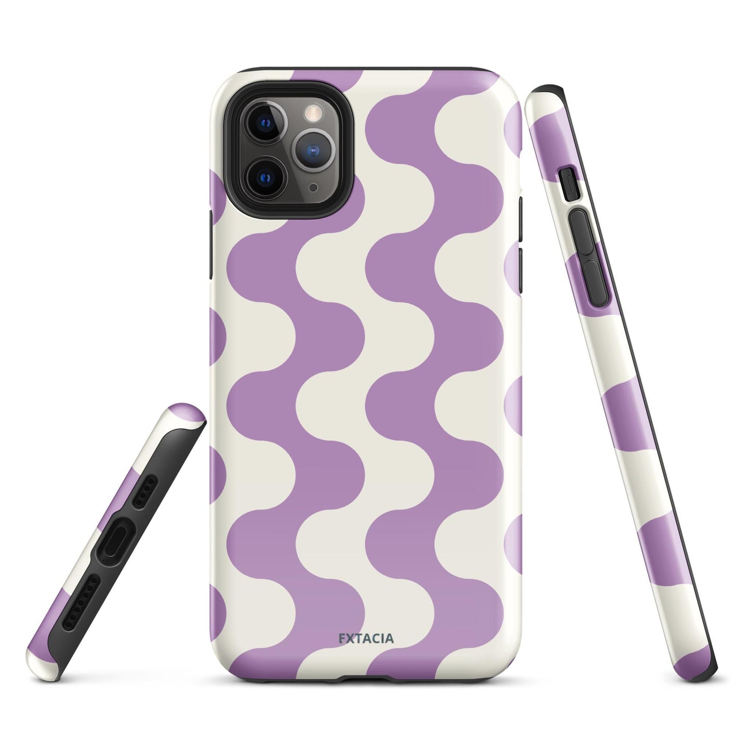 Coque iPhone rigide double-couche anti-choc – blanc et violet à ondulations graphique minimaliste - vue de face, design élégant