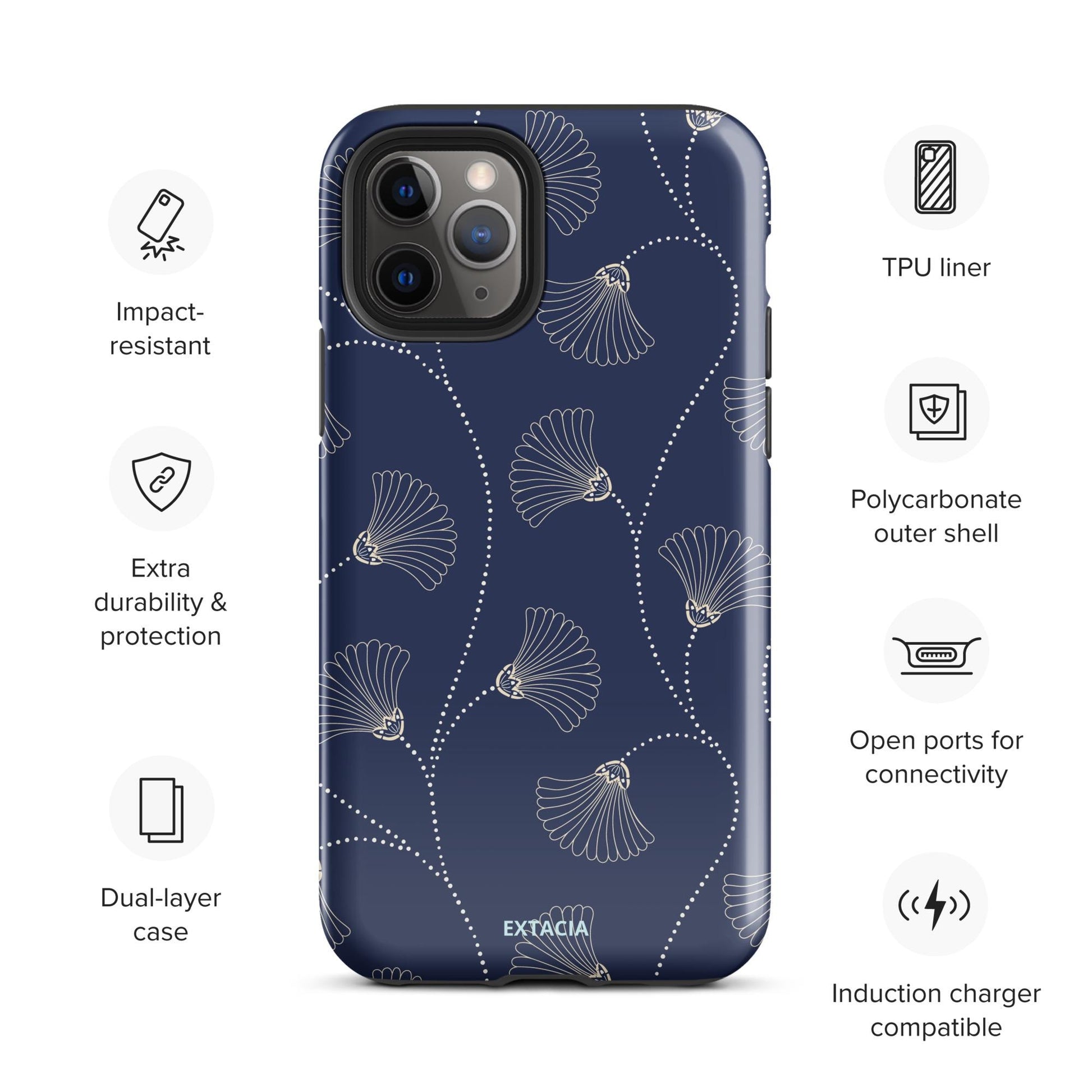 Coque iPhone rigide double-couche anti-choc – bleu fleuri minimaliste - dos, finition durable résistante aux rayures