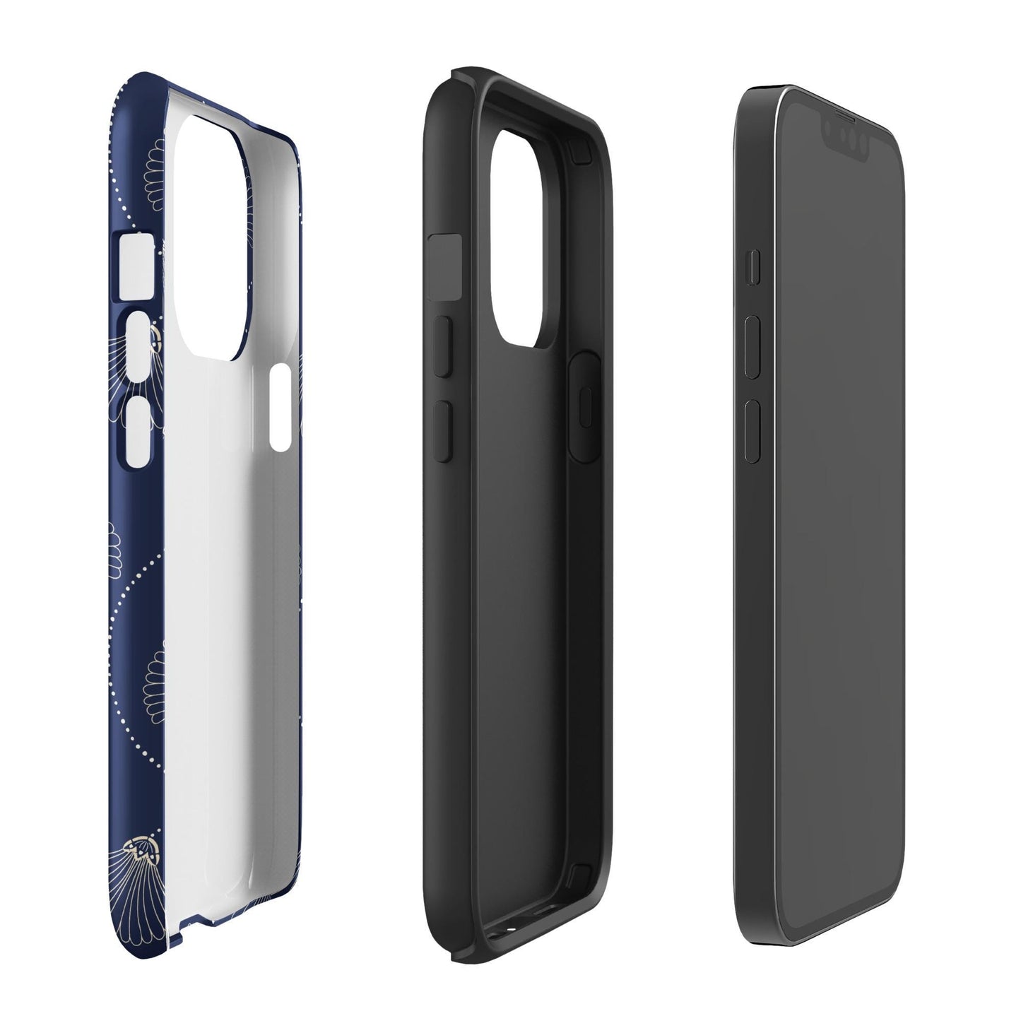 Coque iPhone rigide double-couche anti-choc – bleu fleuri minimaliste - profil, découpe boutons précise et protection renforcée