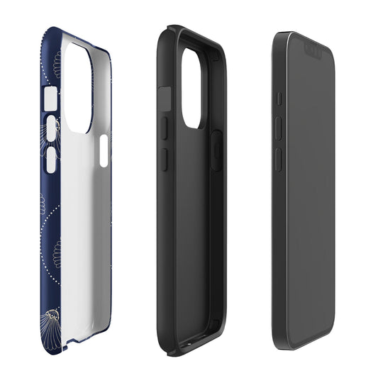 Coque iPhone rigide double-couche anti-choc – bleu fleuri minimaliste - profil, découpe boutons précise et protection renforcée