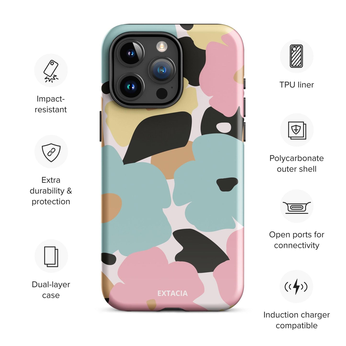 Coque iPhone rigide double-couche anti-choc – fleuri pastel minimaliste -  dos, finition durable résistante aux rayures