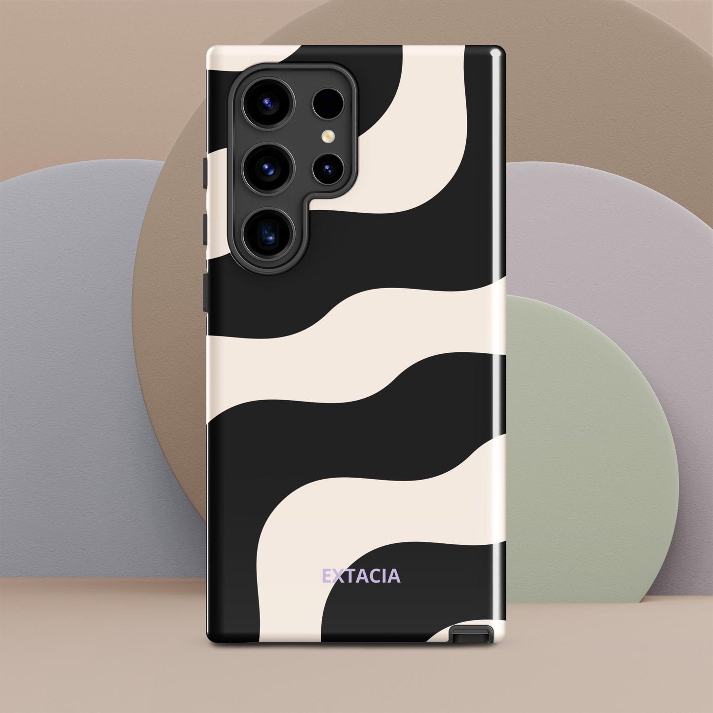 Coque samsung rigide double-couche anti-choc – beige et noir graphique minimaliste - Zoom sur caméra protégée coque rigide ExtaciaFrance