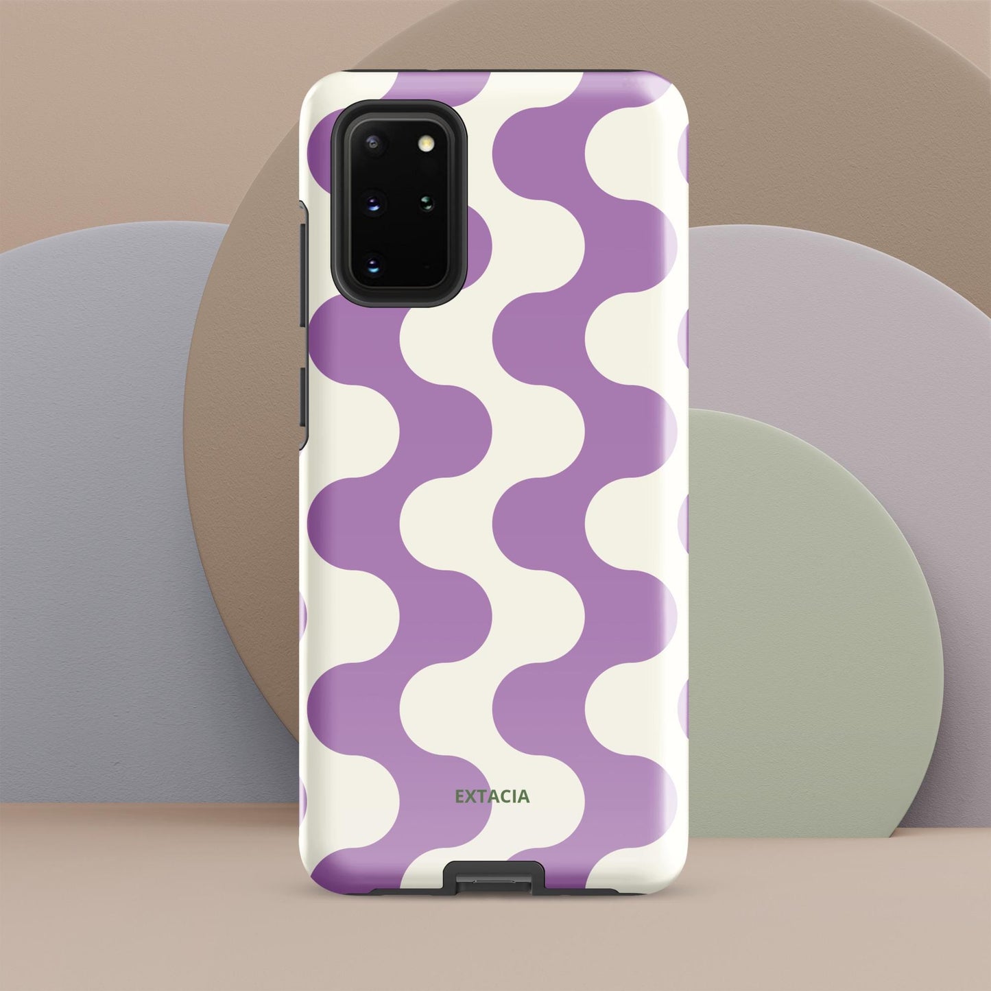 Coque samsung rigide double-couche anti-choc – blanc et violet ondulations graphique minimaliste -  Détail angles renforcés coque iPhone anti-choc ExtaciaFrance