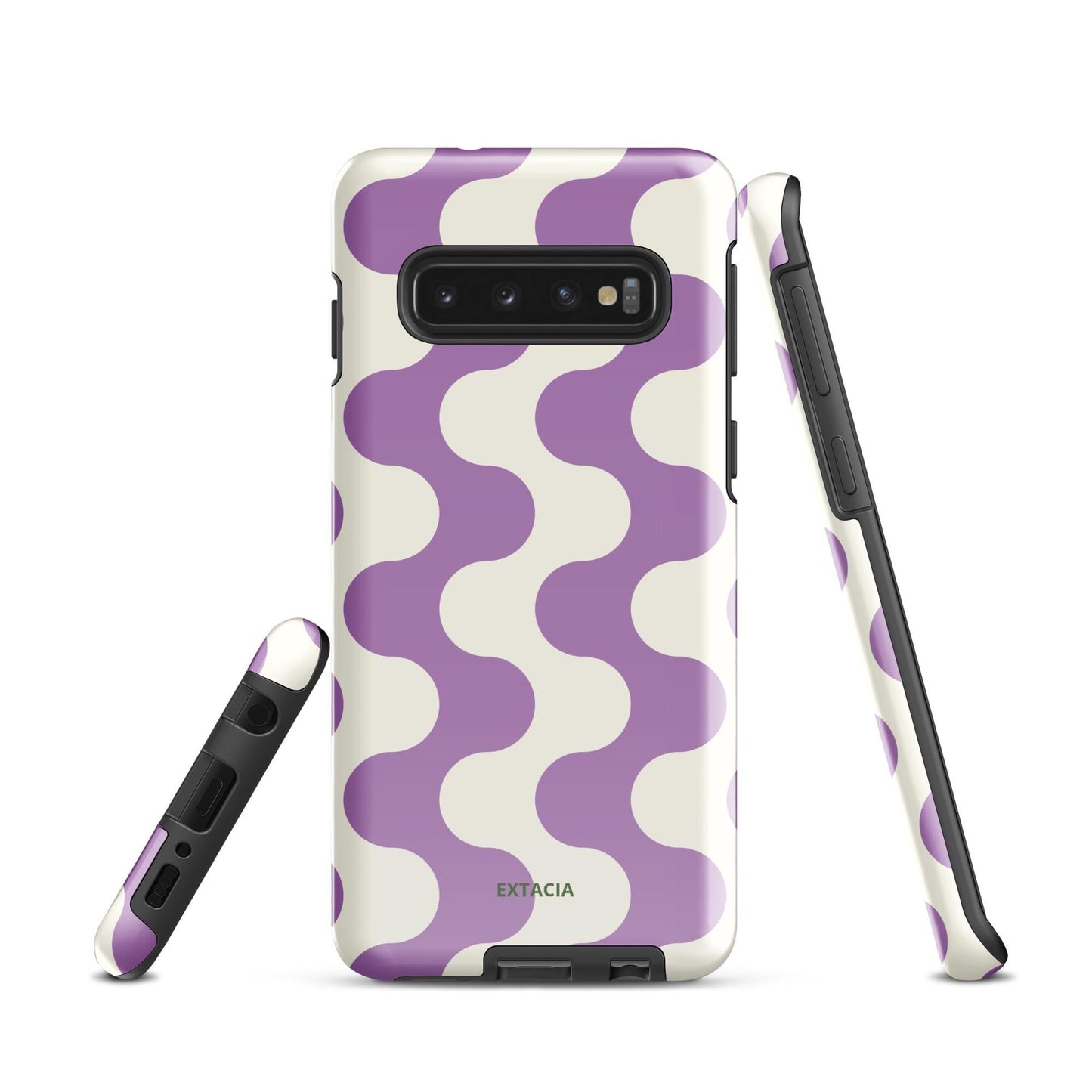 Coque samsung rigide double-couche anti-choc – blanc et violet ondulations graphique minimaliste -  Smartphone équipé coque  - Zoom sur caméra protégée coque rigide ExtaciaFrance