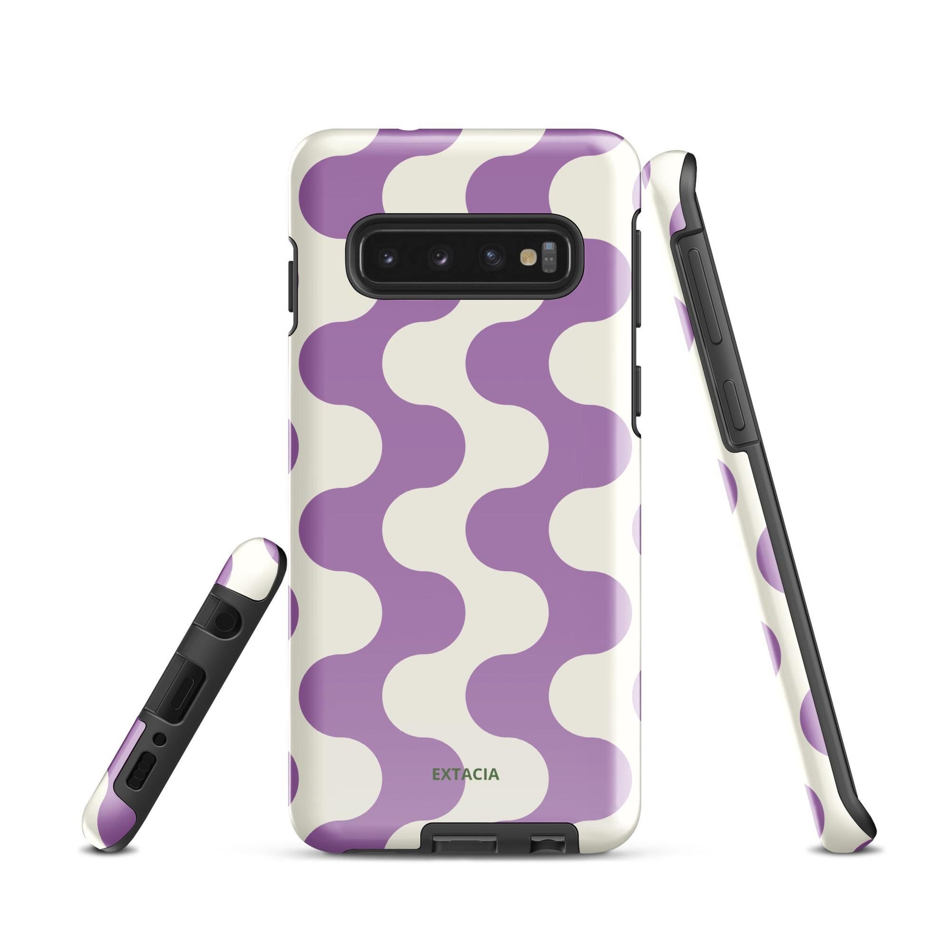 Coque samsung rigide double-couche anti-choc – blanc et violet ondulations graphique minimaliste -  Smartphone équipé coque  - Zoom sur caméra protégée coque rigide ExtaciaFrance
