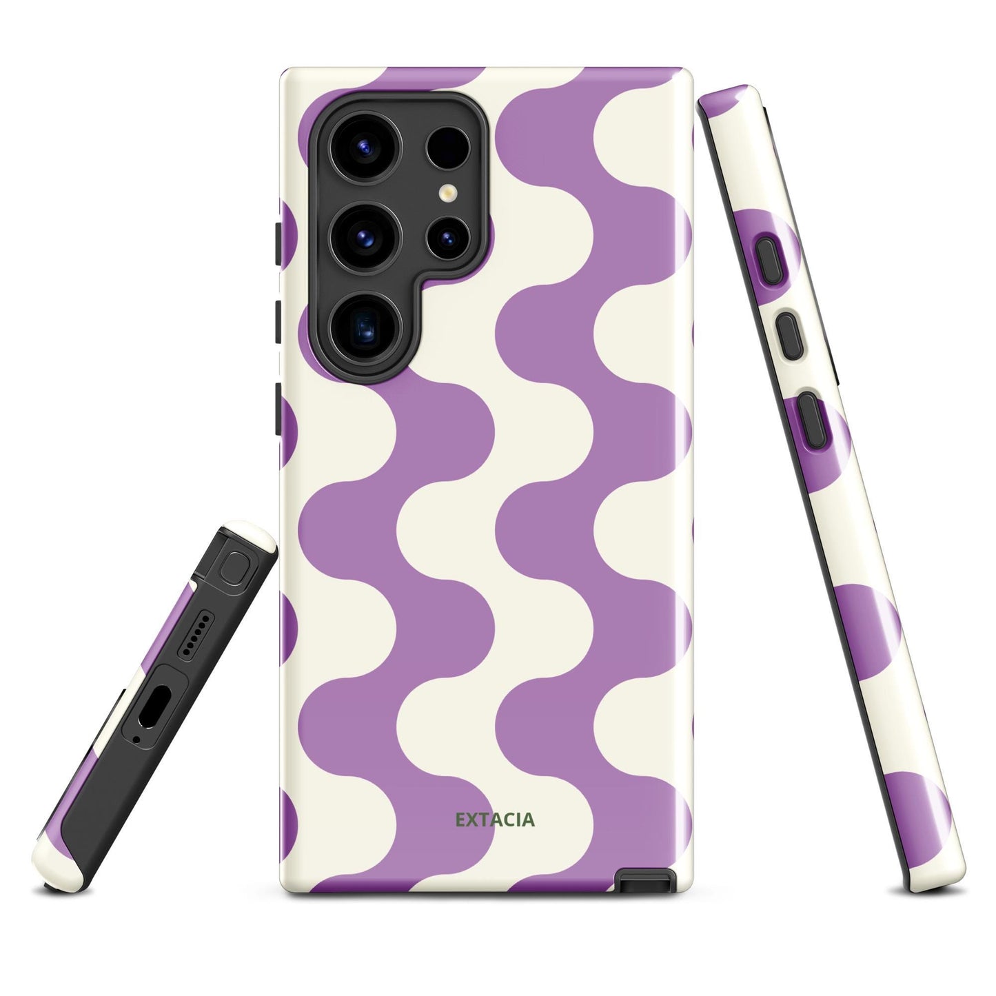 Coque samsung rigide double-couche anti-choc – blanc et violet ondulations graphique minimaliste - vue de face, design élégant