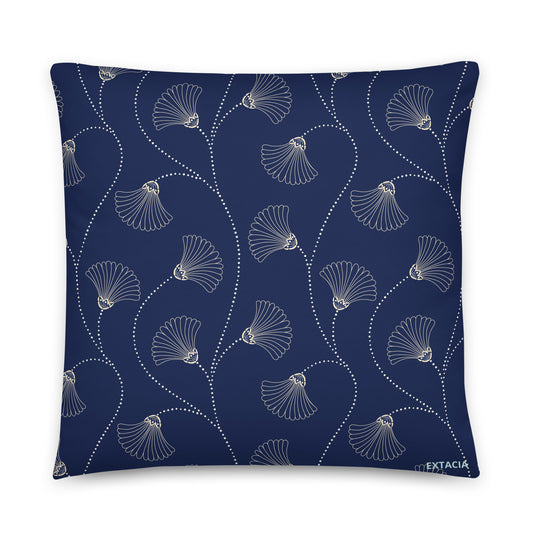 Coussin décoration élégant – bleu fleur nature minimaliste - vue de face, housse amovible, style minimaliste