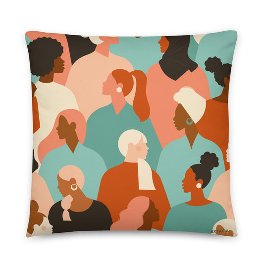 Coussin décoration élégant – pastel orange turquoise motif femmes du monde minimaliste - vue de face, housse amovible, style minimaliste 