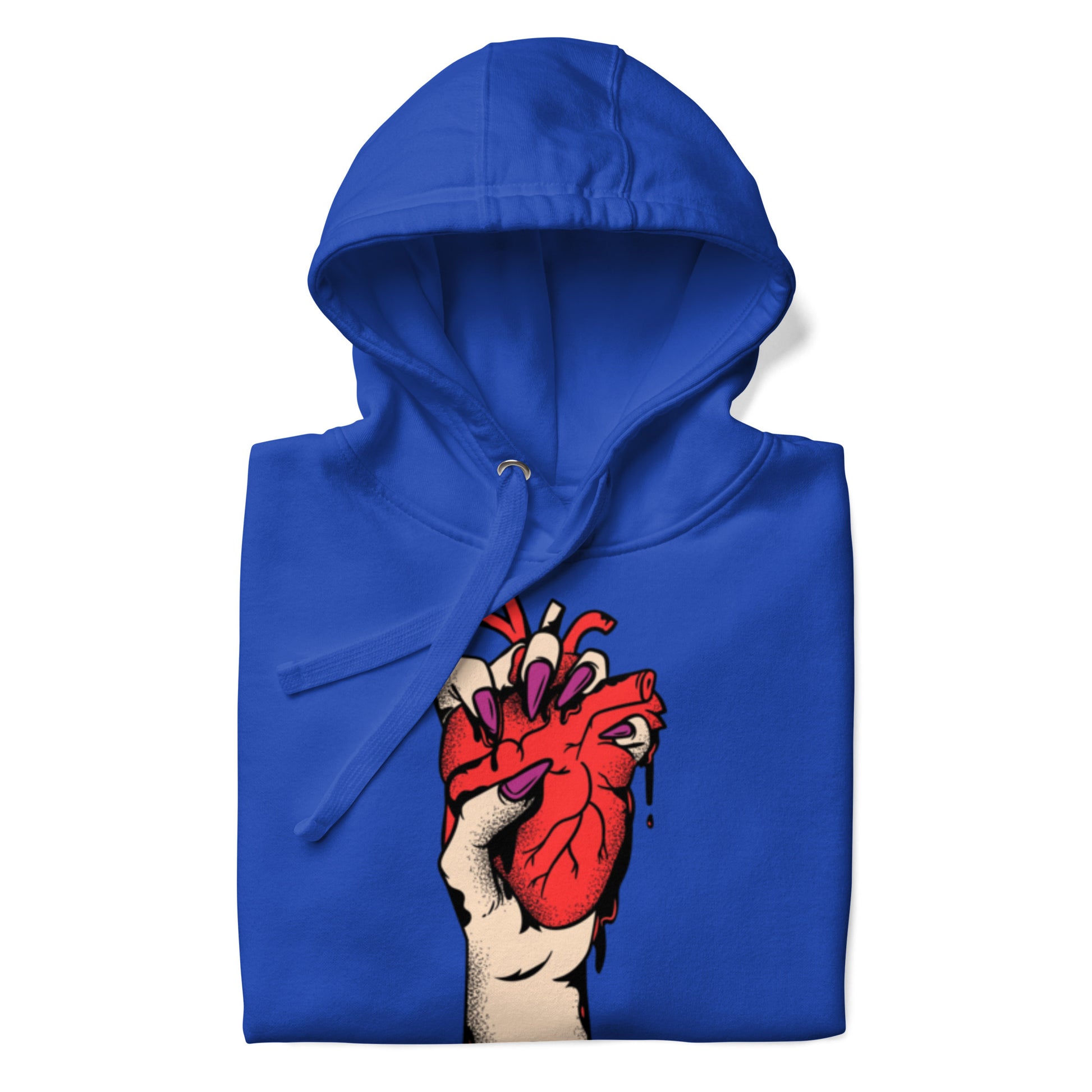 Détail du **motif imprimé** et trame coton, couture propre - bleu royal – Coeur déjà pris, rouge 