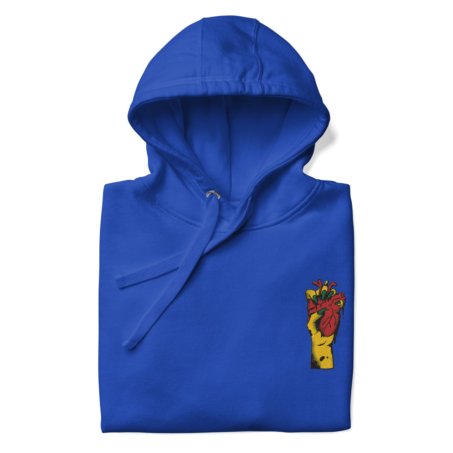 Détail du **motif imprimé** et trame coton, couture propre  - bleu royal   – Coeur déjà pris, rouge - motif brodé