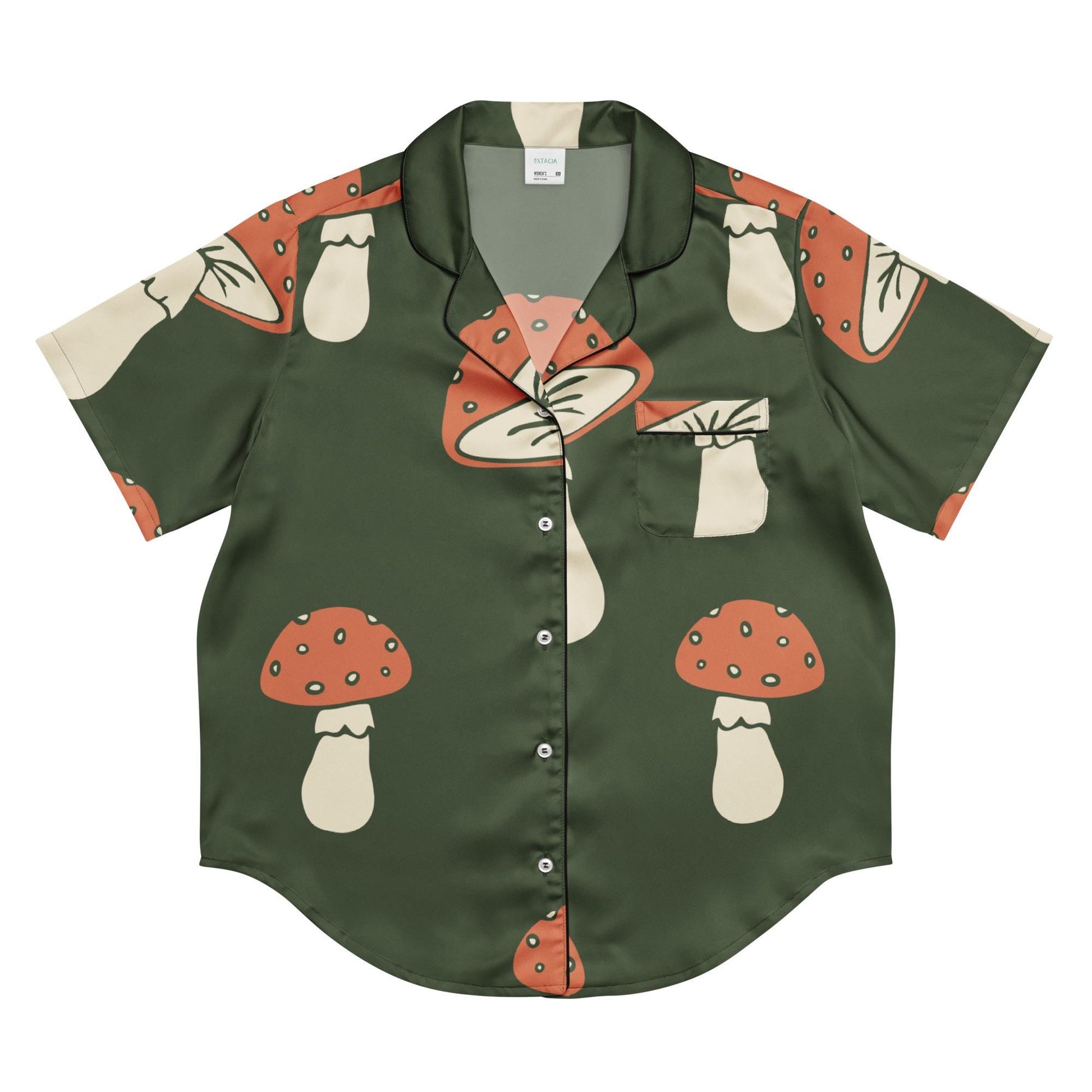 Détail du tissu doux et des coutures, finitions soignées - manches courtes - vert champignon