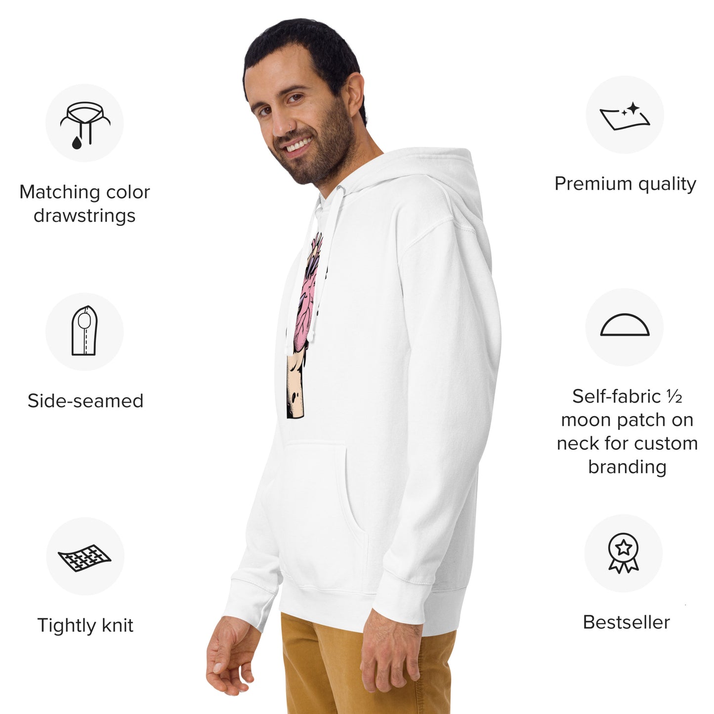 Hoodie – profil, capuche réglable et emmanchures- blanc  – Coeur déjà pris, rose 