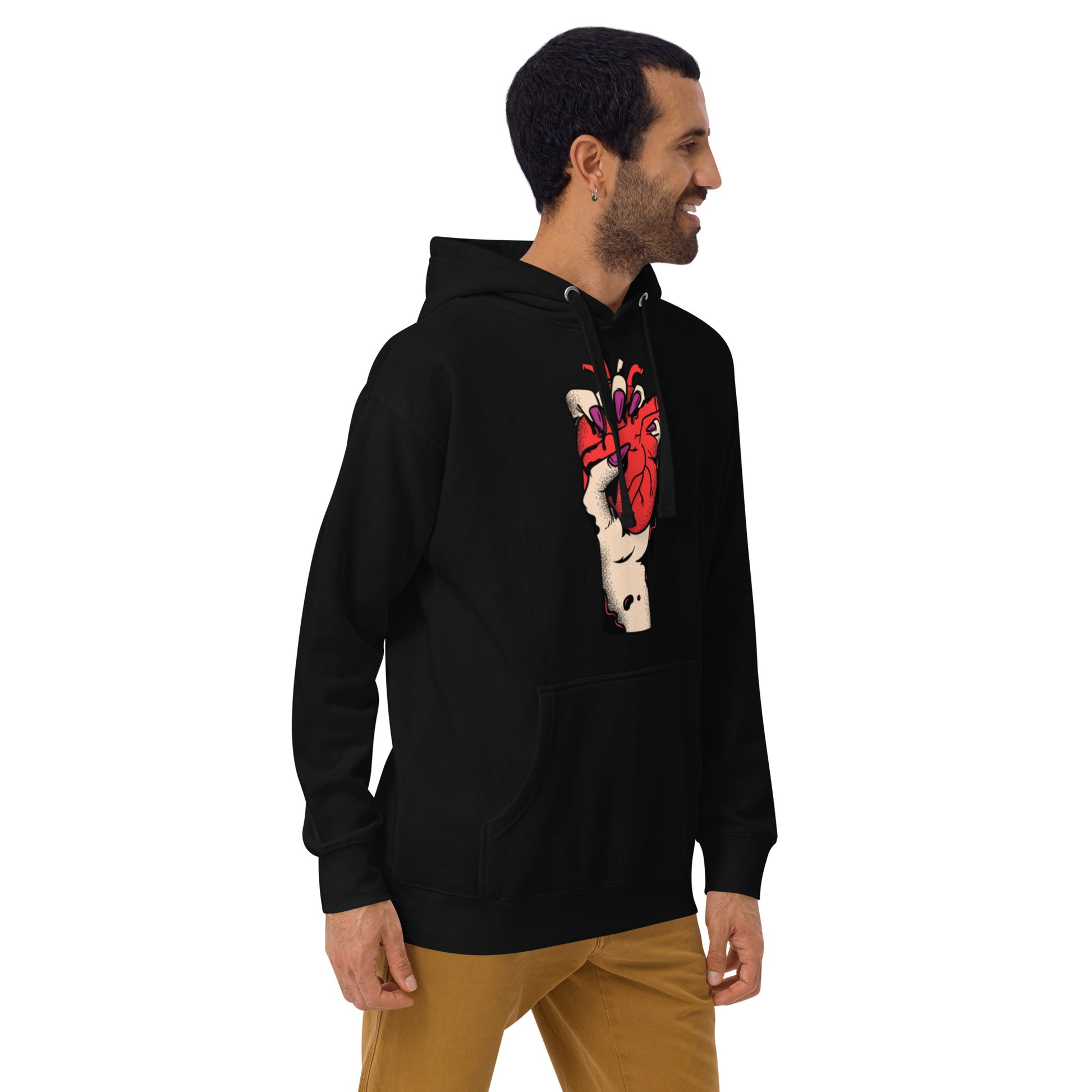 Hoodie – profil, capuche réglable et emmanchures- noir  – Coeur déjà pris, rouge 