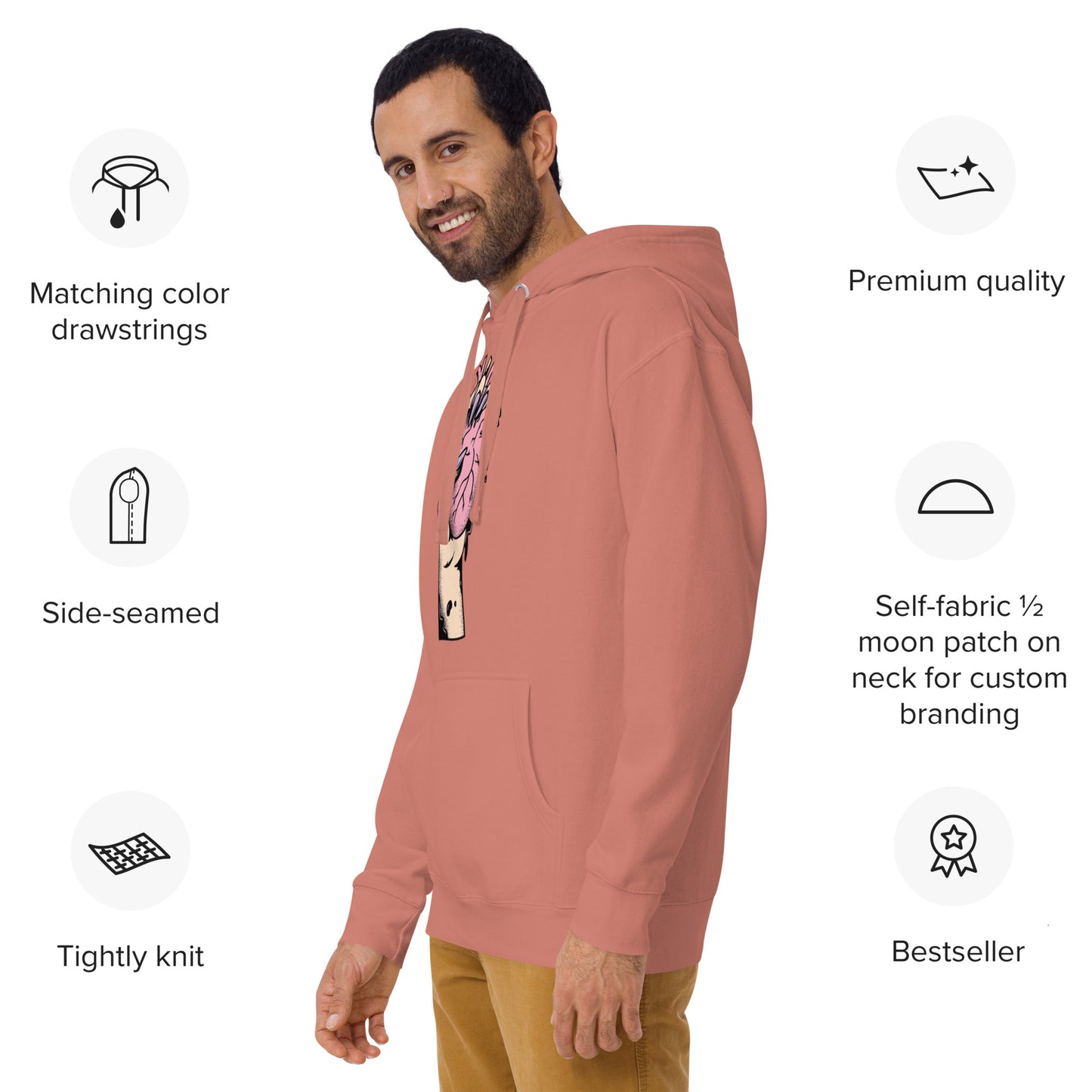 Hoodie – profil, capuche réglable et emmanchures- saumon  – Coeur déjà pris, rose 