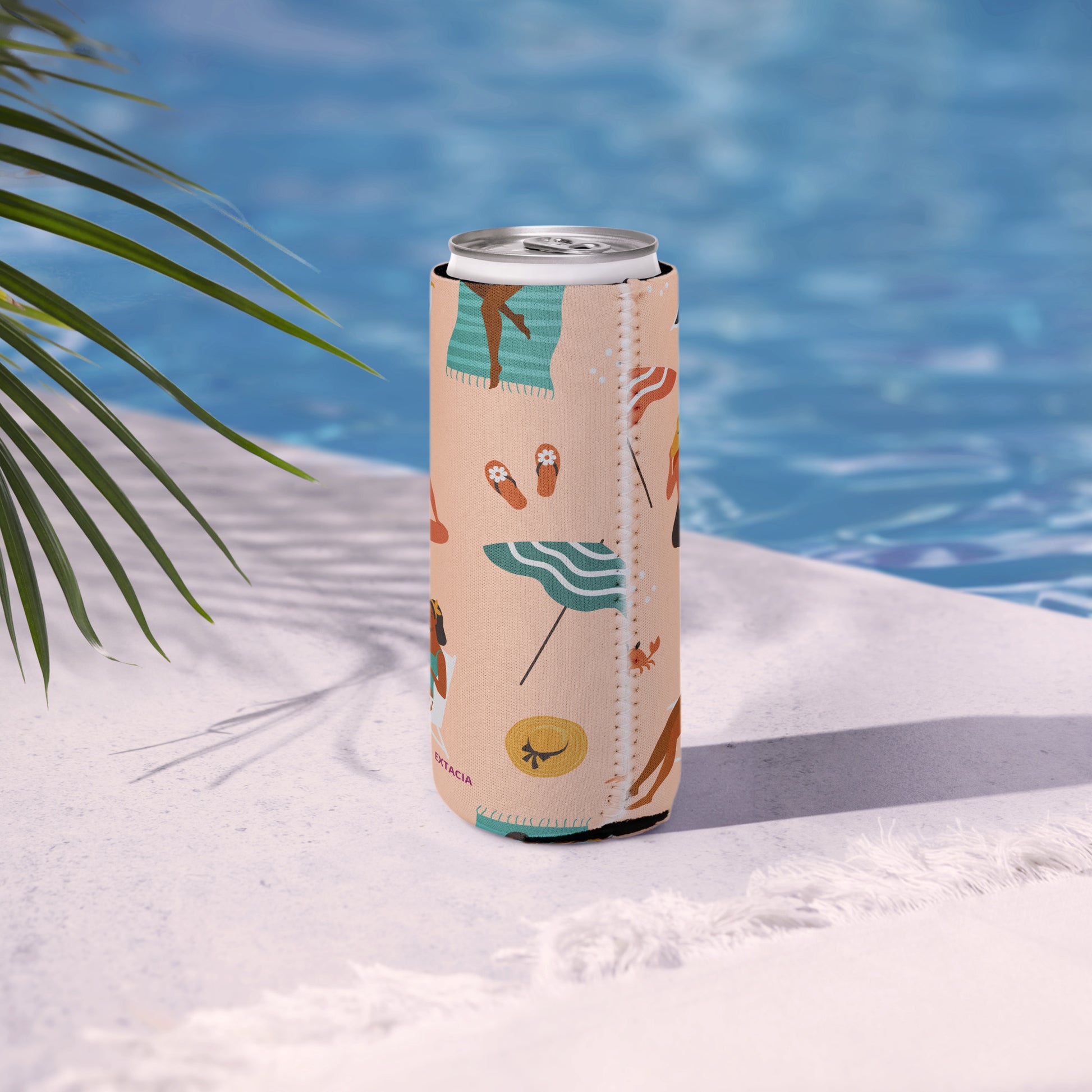 Housse isotherme manchon refroidisseur –  Saumon – Motif : Femmes du Monde Minimaliste – slim 12 oz - Zoom sur ouverture et compatibilité – housse isotherme manchon refroidisseur ExtaciaFrance