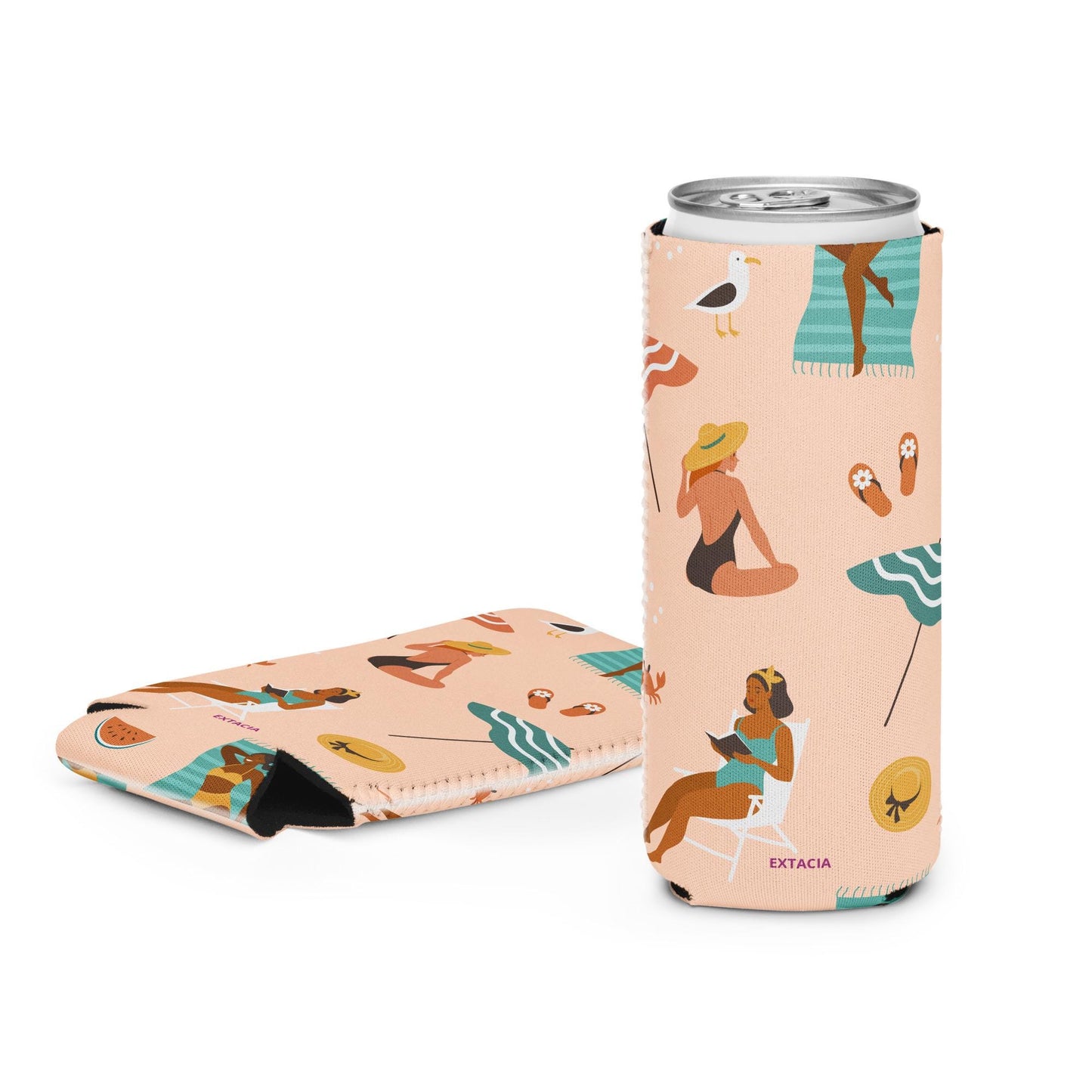 Housse isotherme manchon refroidisseur –  Saumon – Motif : Femmes du Monde Minimaliste – slim 12 oz - vue de face, design graphique