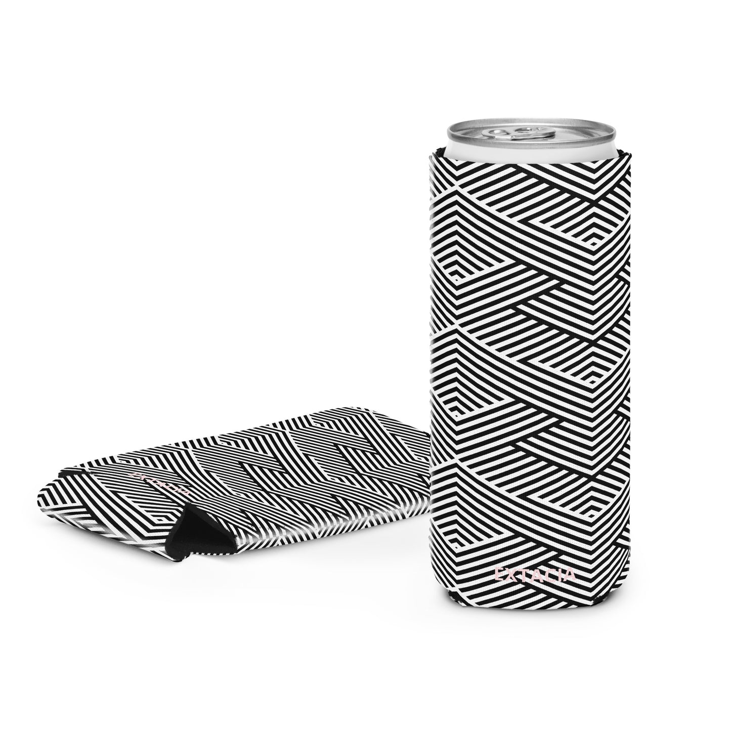 Housse isotherme manchon refroidisseur – blanc et noir à rayures graphique minimaliste - slim 12 oz - vue de face, design graphique