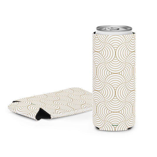 Housse isotherme manchon refroidisseur – blanc et or à spirales graphique minimaliste - slim 12 oz - vue de face, design graphique