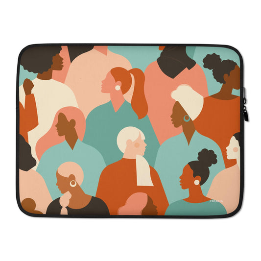 Housse ordinateur portable minimaliste étanche – Motif : Femmes du monde, pastel orange turquoise – vue de face design épuré