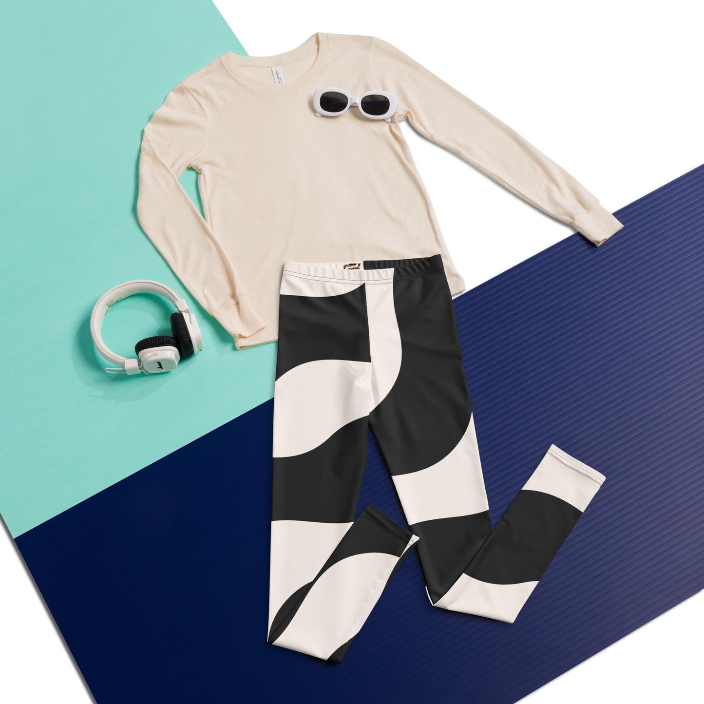 Legging fille ado - beige et noir à ondulations, graphique, minimaliste – Ceinture et ourlets