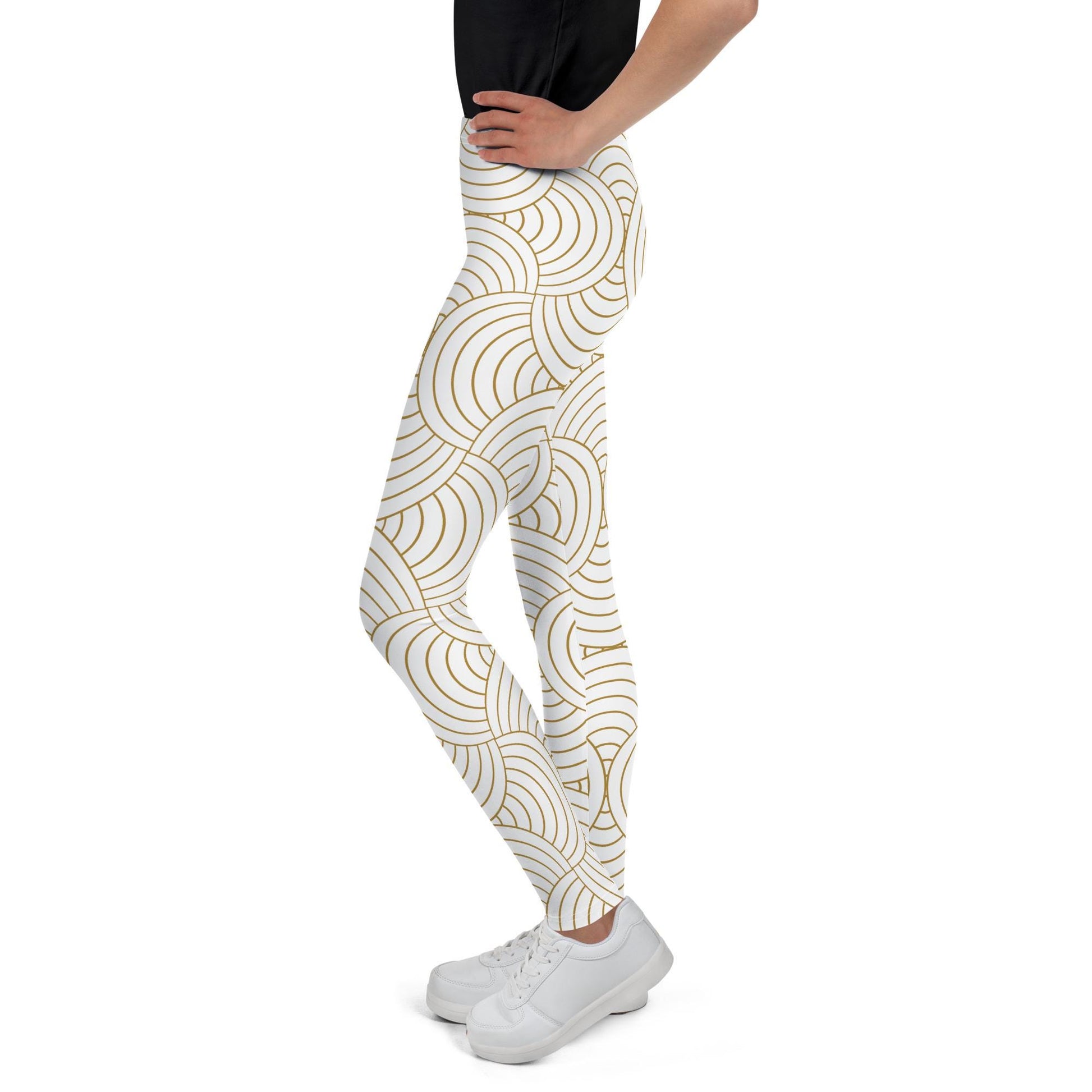 Legging fille ado - blanc et or à spirales, graphique, minimaliste – Posture d’entraînement – opaque en flexion