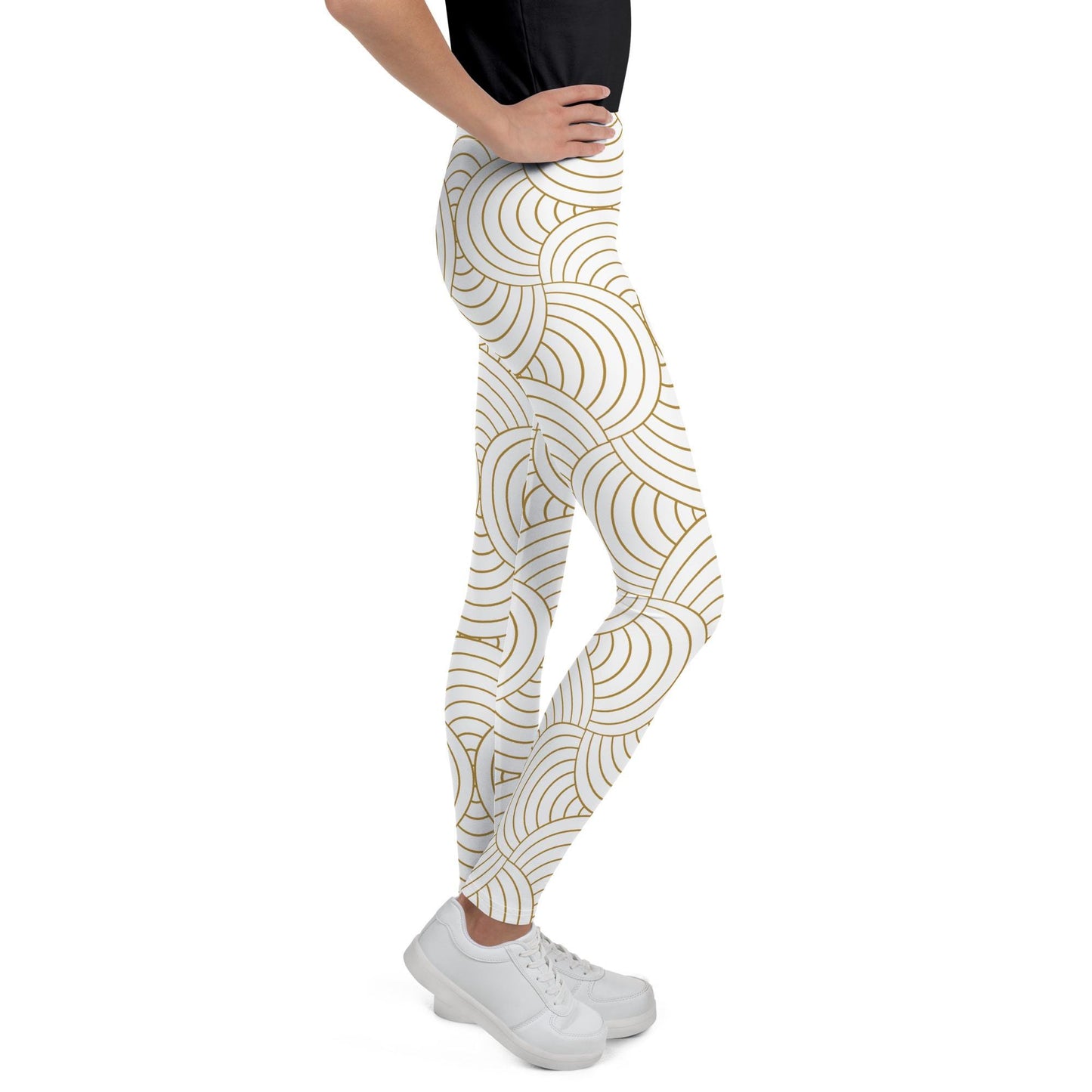 Legging fille ado - blanc et or à spirales, graphique, minimaliste – vue de profil, stretch et maintien confortable