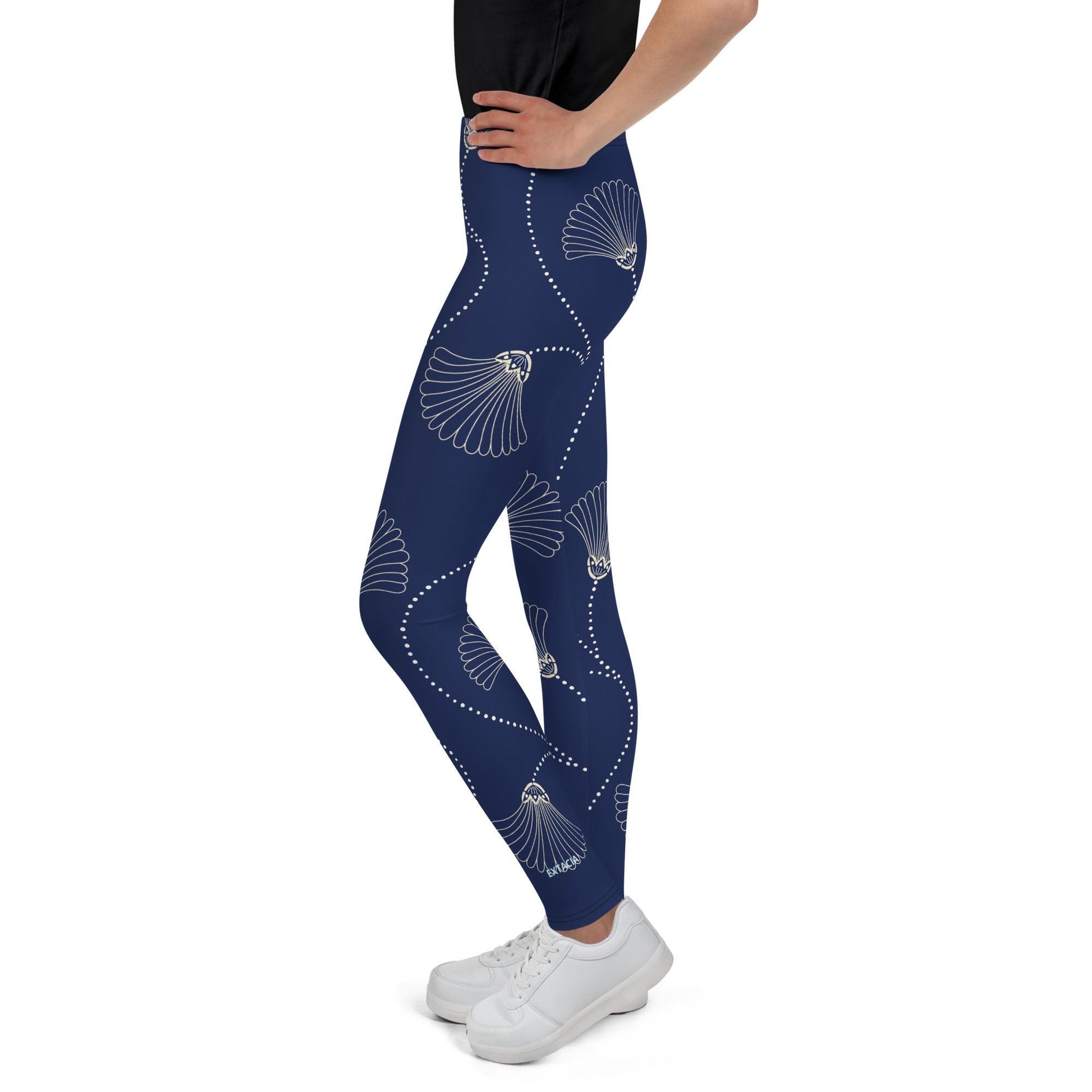 Legging fille ado - bleu fleuri, minimaliste – Posture d’entraînement – opaque en flexion