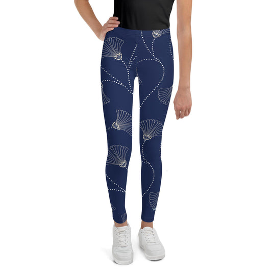 Legging fille ado - bleu fleuri, minimaliste – vue de face, taille haute et coupe près du corps