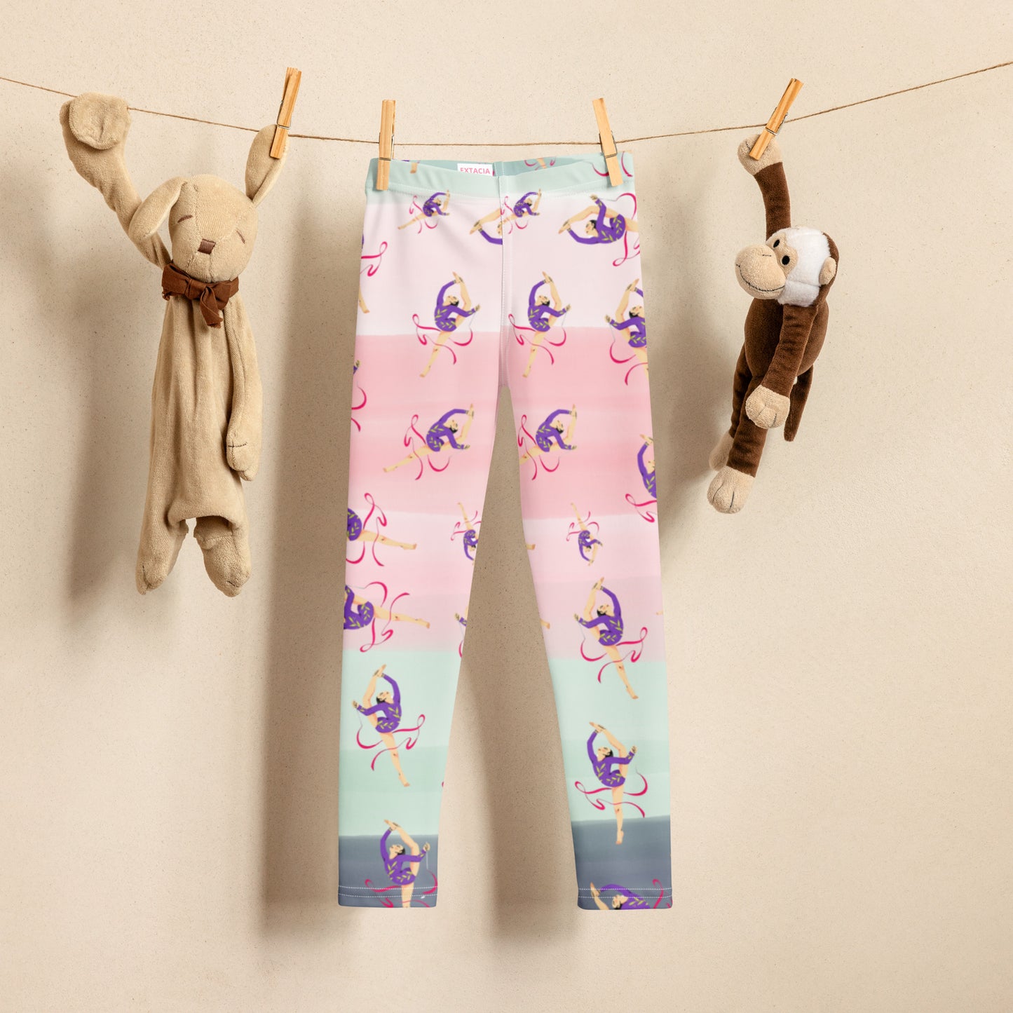 Leggings petite fille – Détail matière **stretch** et ceinture confortable - dégradé rose kaki - motif gymnaste danseuse 