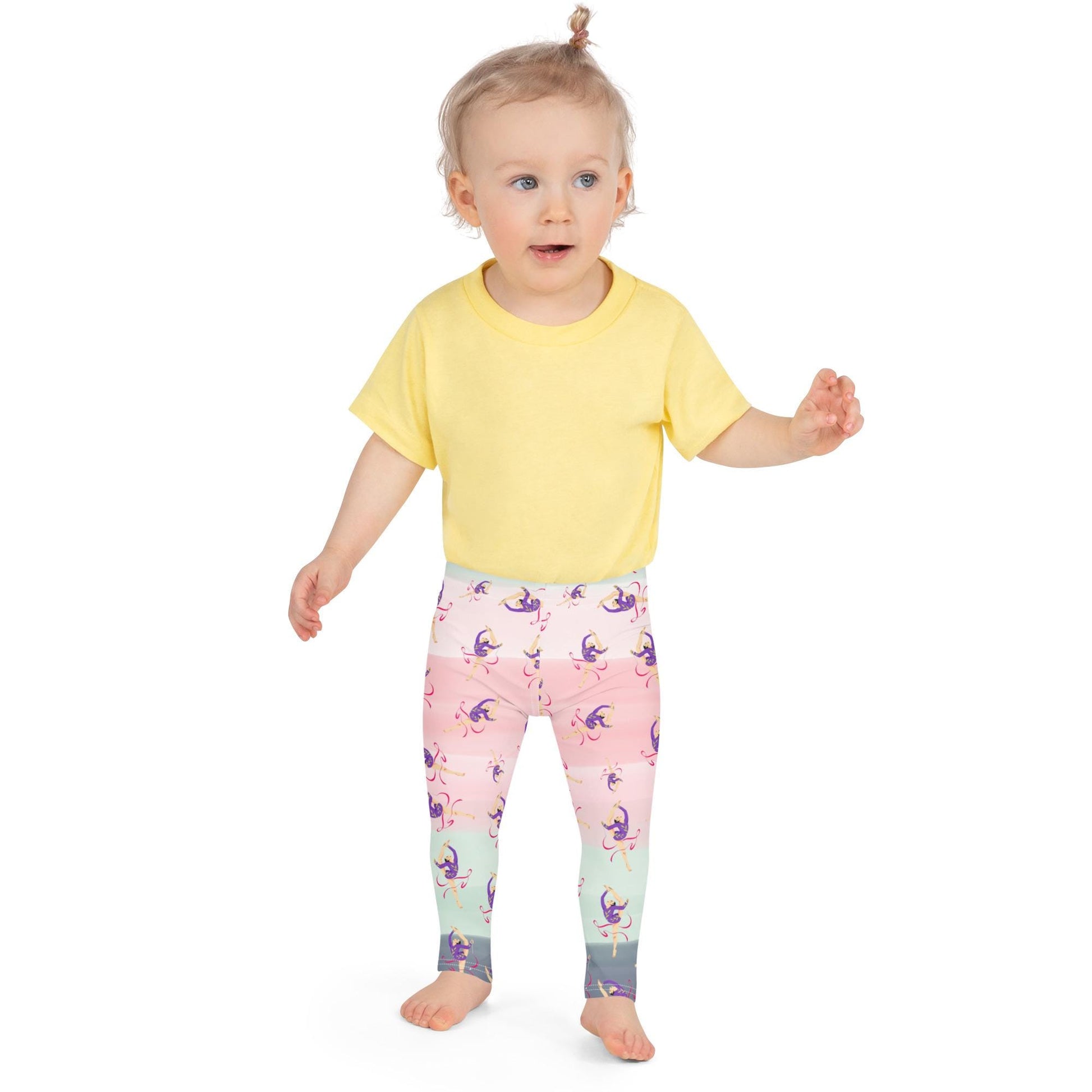 Leggings petite fille portés – crèche/école/danse, usage quotidien - dégradé rose kaki - motif gymnaste danseuse 