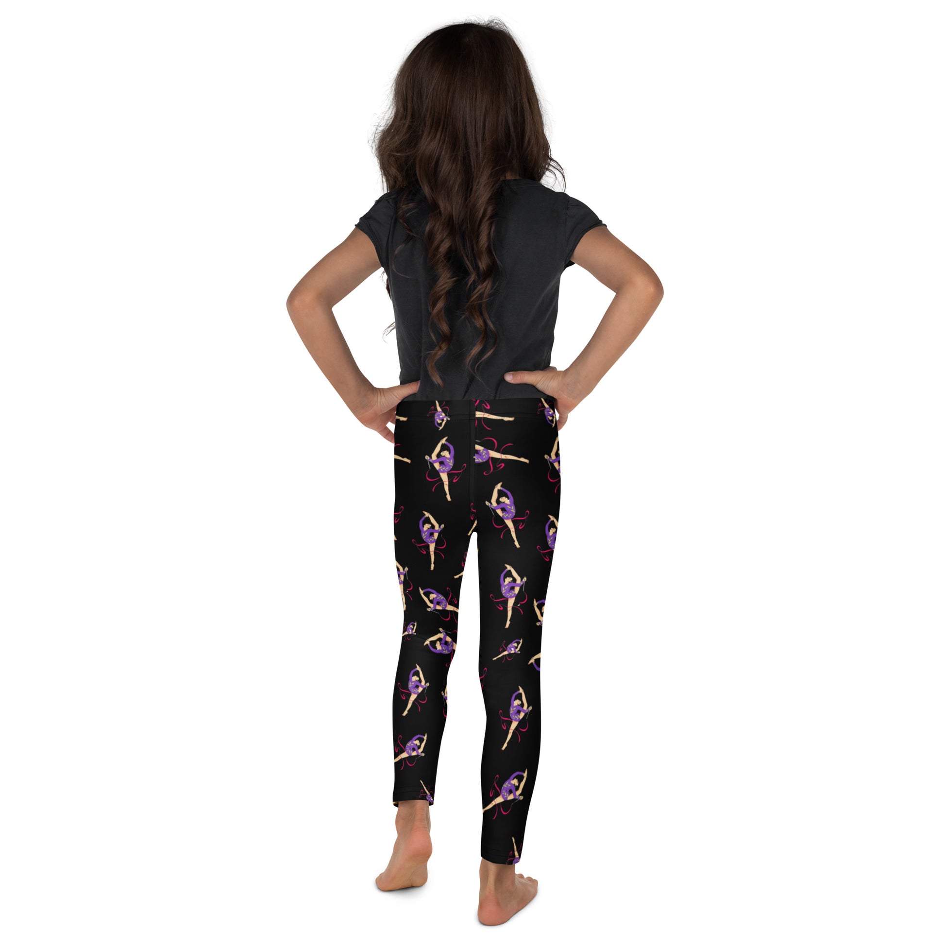Leggings petite fille – vue de dos, finitions propres - noir - motif gymnaste danseuse 