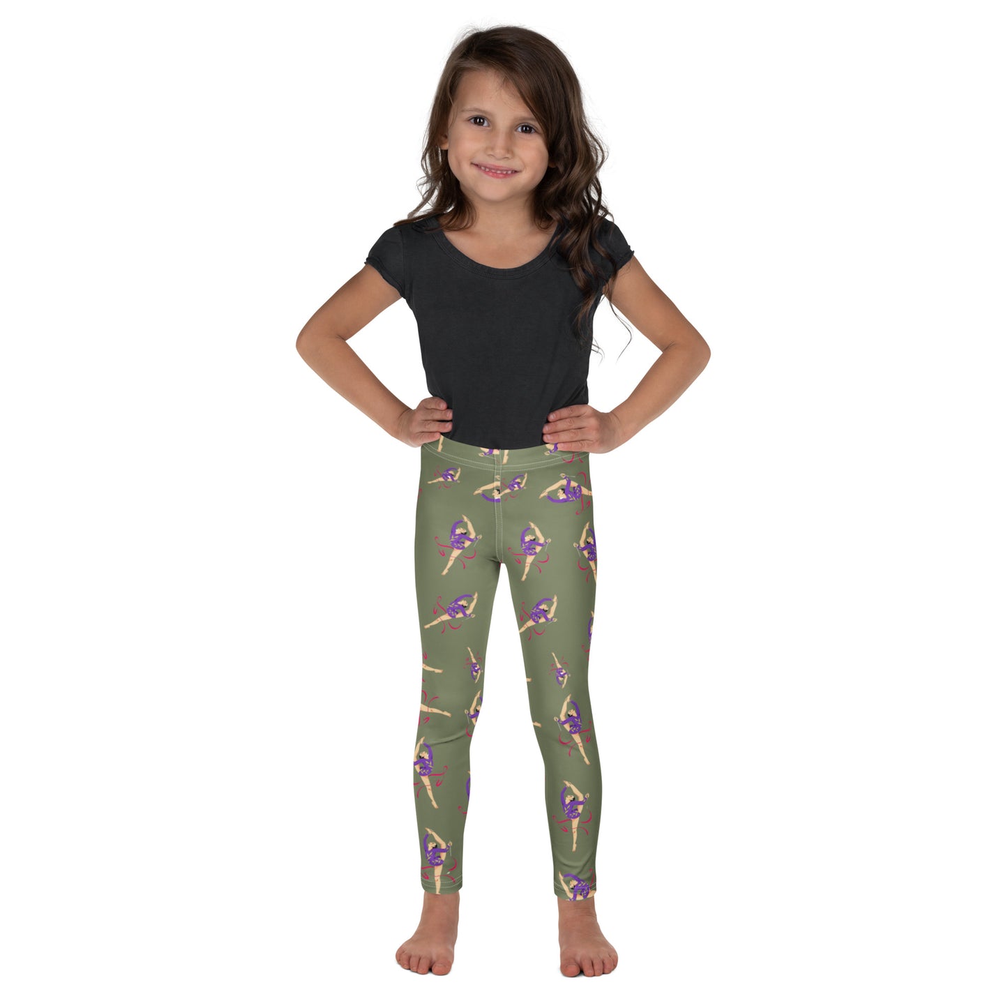 Leggings petite fille – vue de face, tissu doux et extensible - Kaki - motif gymnaste danseuse 