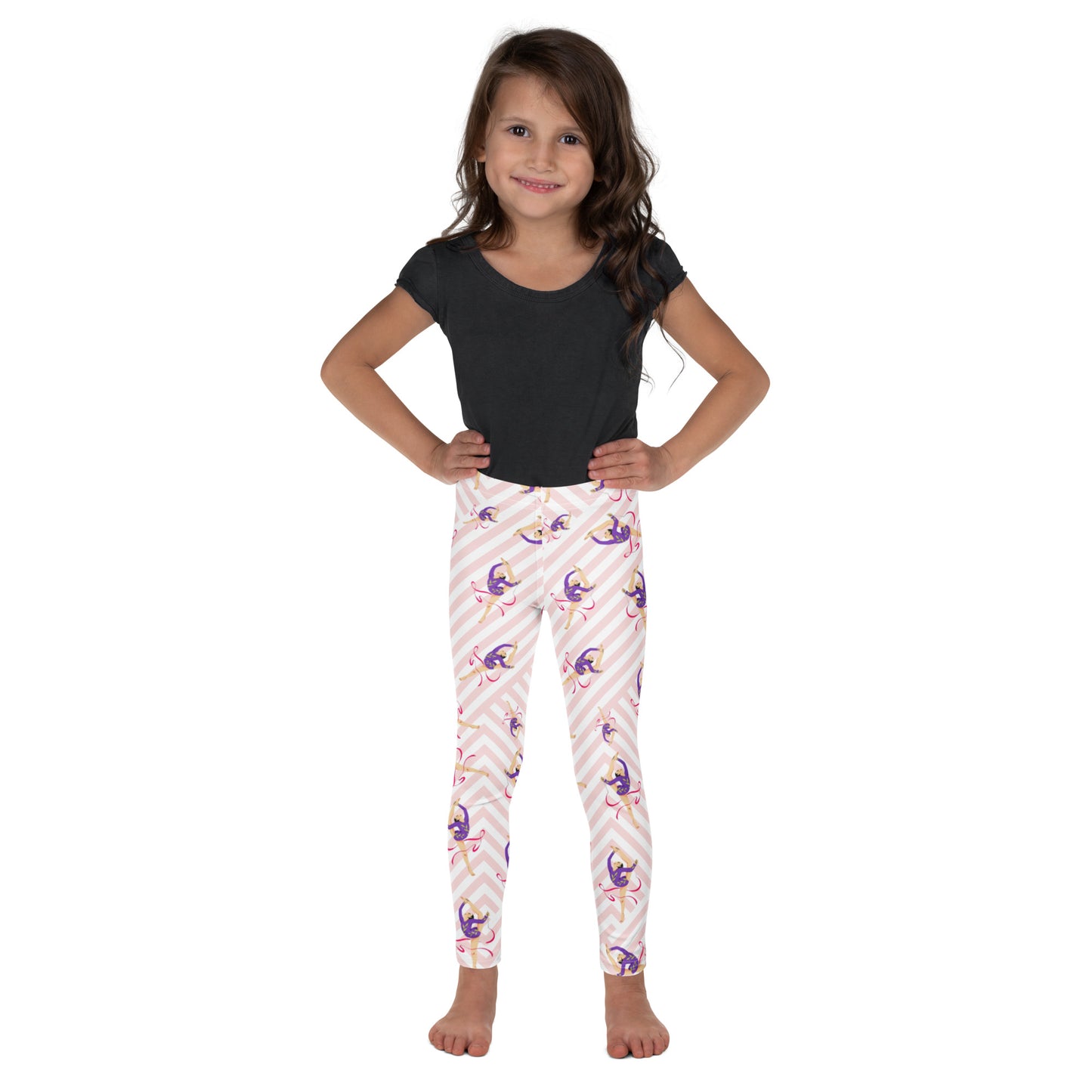 Leggings petite fille – vue de face, tissu doux et extensible - blanc et rose - motif gymnaste danseuse 