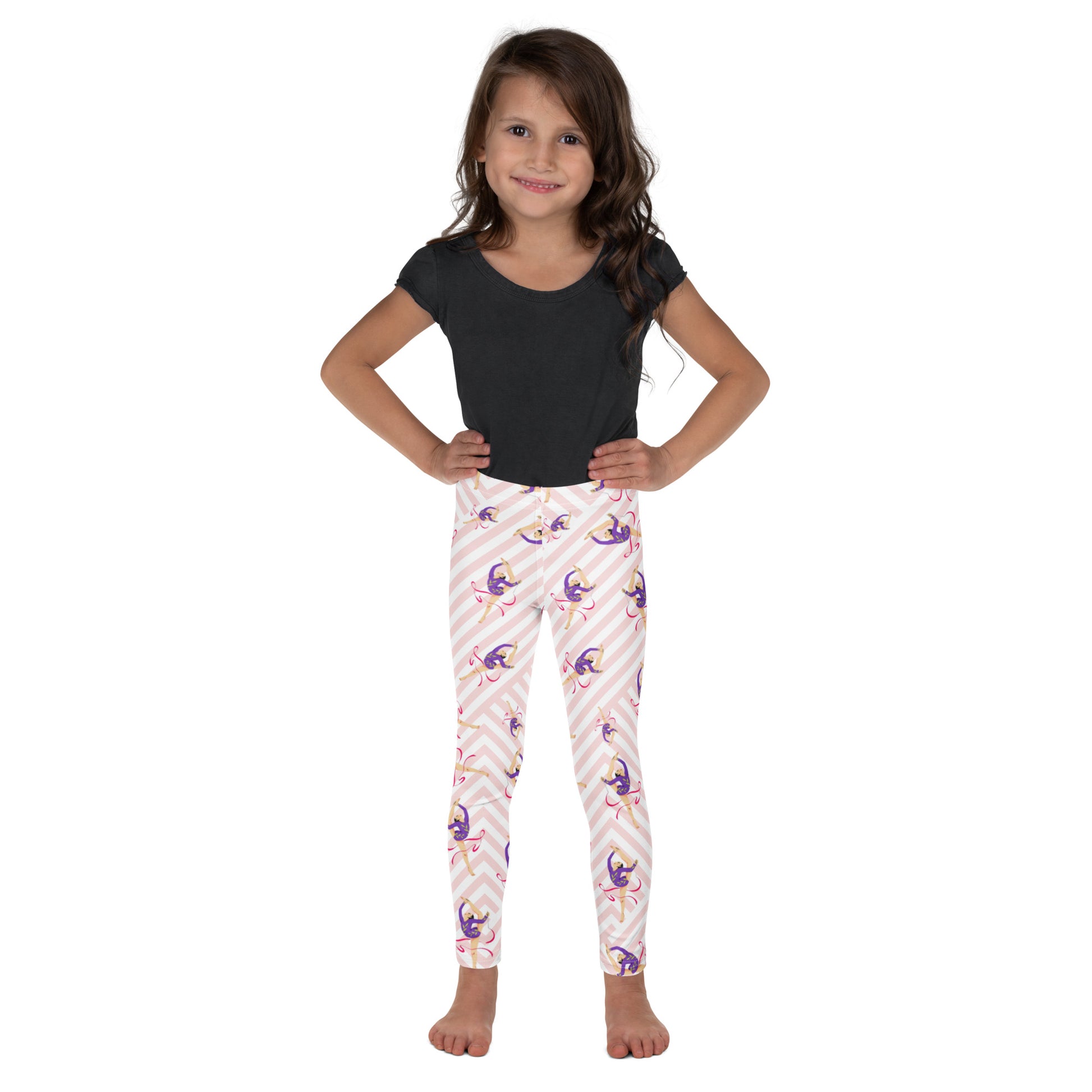 Leggings petite fille – vue de face, tissu doux et extensible - blanc et rose - motif gymnaste danseuse 