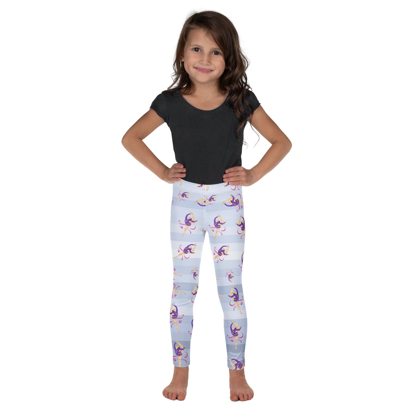Leggings petite fille – vue de face, tissu doux et extensible - dégradé bleu clair - motif gymnaste danseuse 