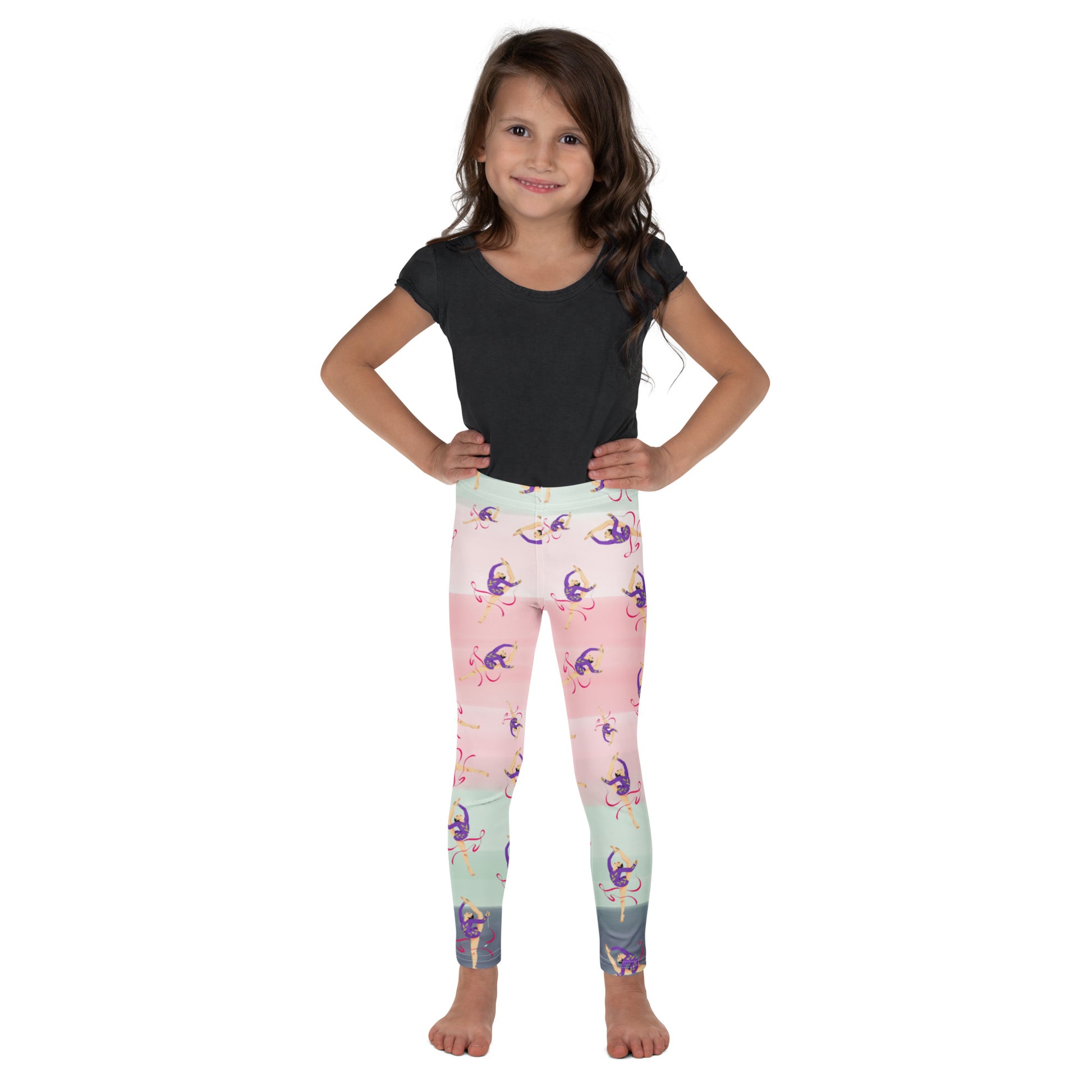 Leggings petite fille – vue de face, tissu doux et extensible - dégradé rose kaki - motif gymnaste danseuse 